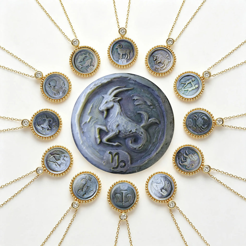 Post-Impressionist Mother-of-Pearl Zodiac Necklace — Beaded Edge — Choose Your Sign