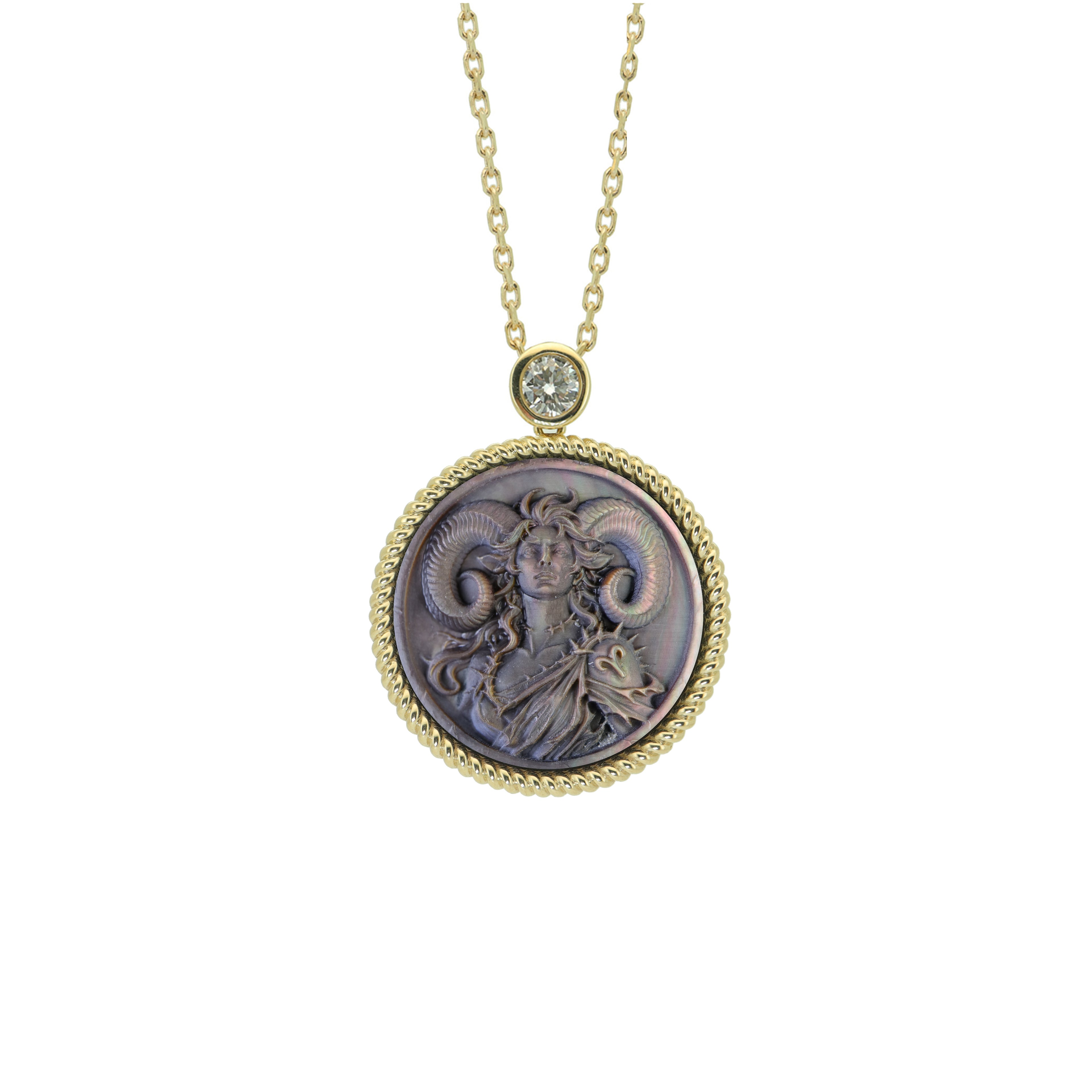 Aries zodiac cameo necklace featuring black and white natural mother-of-pearl relief carving with Greek goddess inspired pendant design by OceanCarvingLab