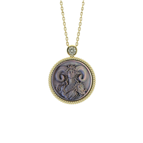 Aries zodiac cameo necklace featuring black and white natural mother-of-pearl relief carving with Greek goddess inspired pendant design by OceanCarvingLab