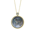 Aries zodiac pendant necklace with Van Gogh inspired impasto carving on black and white natural mother-of-pearl inlay with gold plated sterling silver chain by OceanCarvingLab.