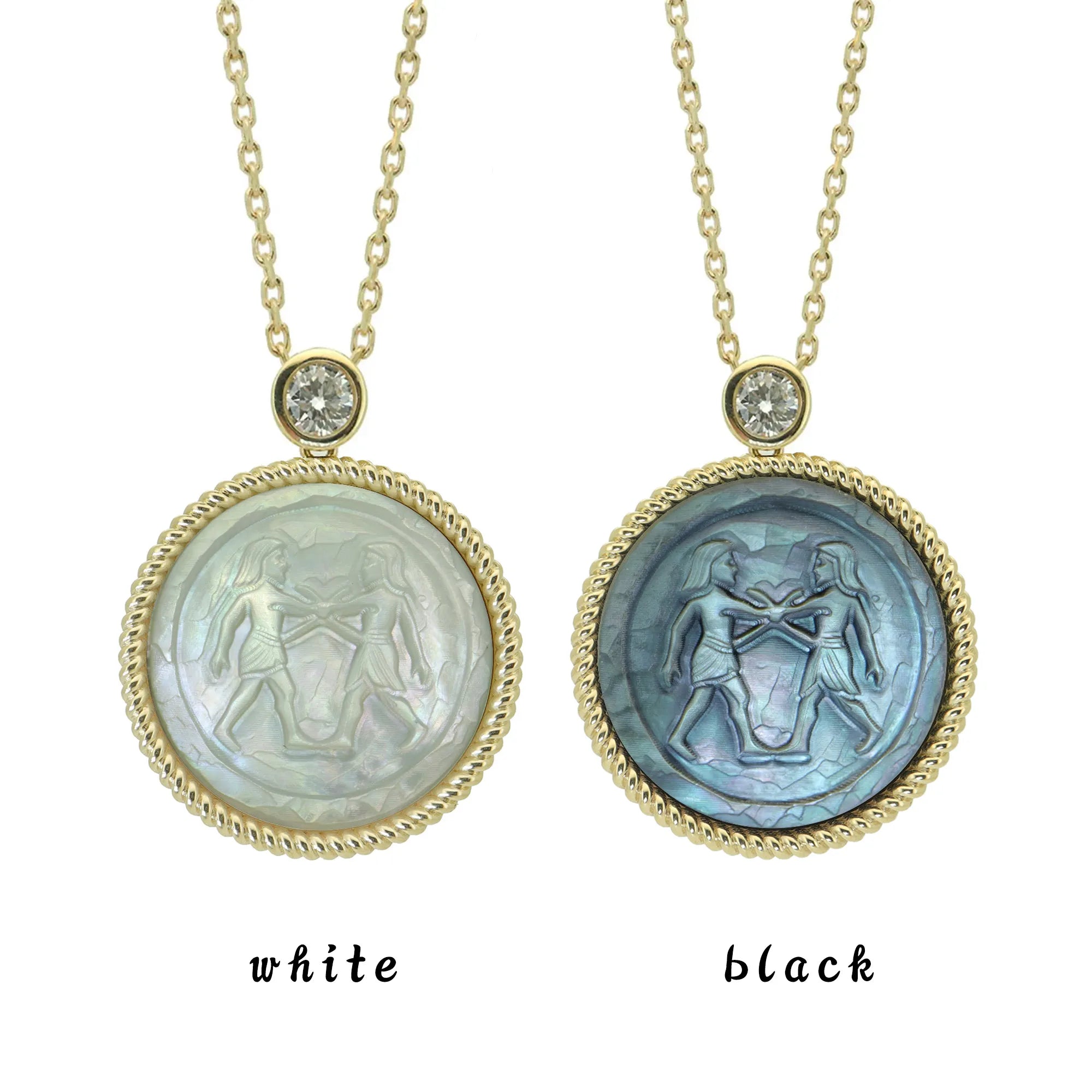 Stone-Hewn Style Zodiac Mother of Pearl Necklace with Lab Diamond-925 Sterling Silver Gold Plated Astrology Jewelry