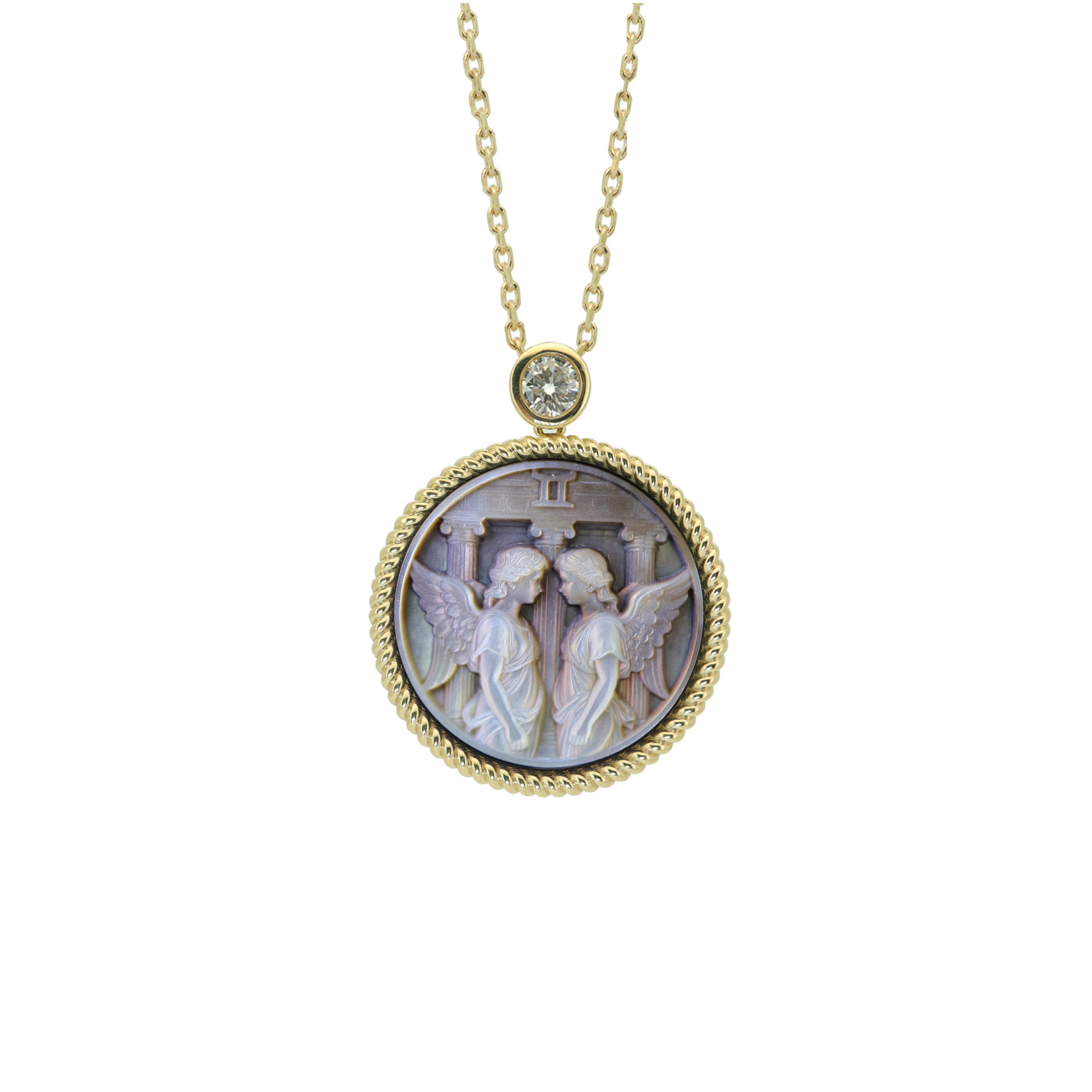 Gemini zodiac cameo necklace featuring classical Greek style mother-of-pearl shell carving and gold plated sterling silver pendant by OceanCarvingLab.