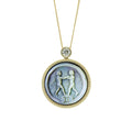 Gemini constellation necklace with artistic Van Gogh style relief carving on natural mother-of-pearl zodiac pendant and sterling silver gold plated chain by OceanCarvingLab.