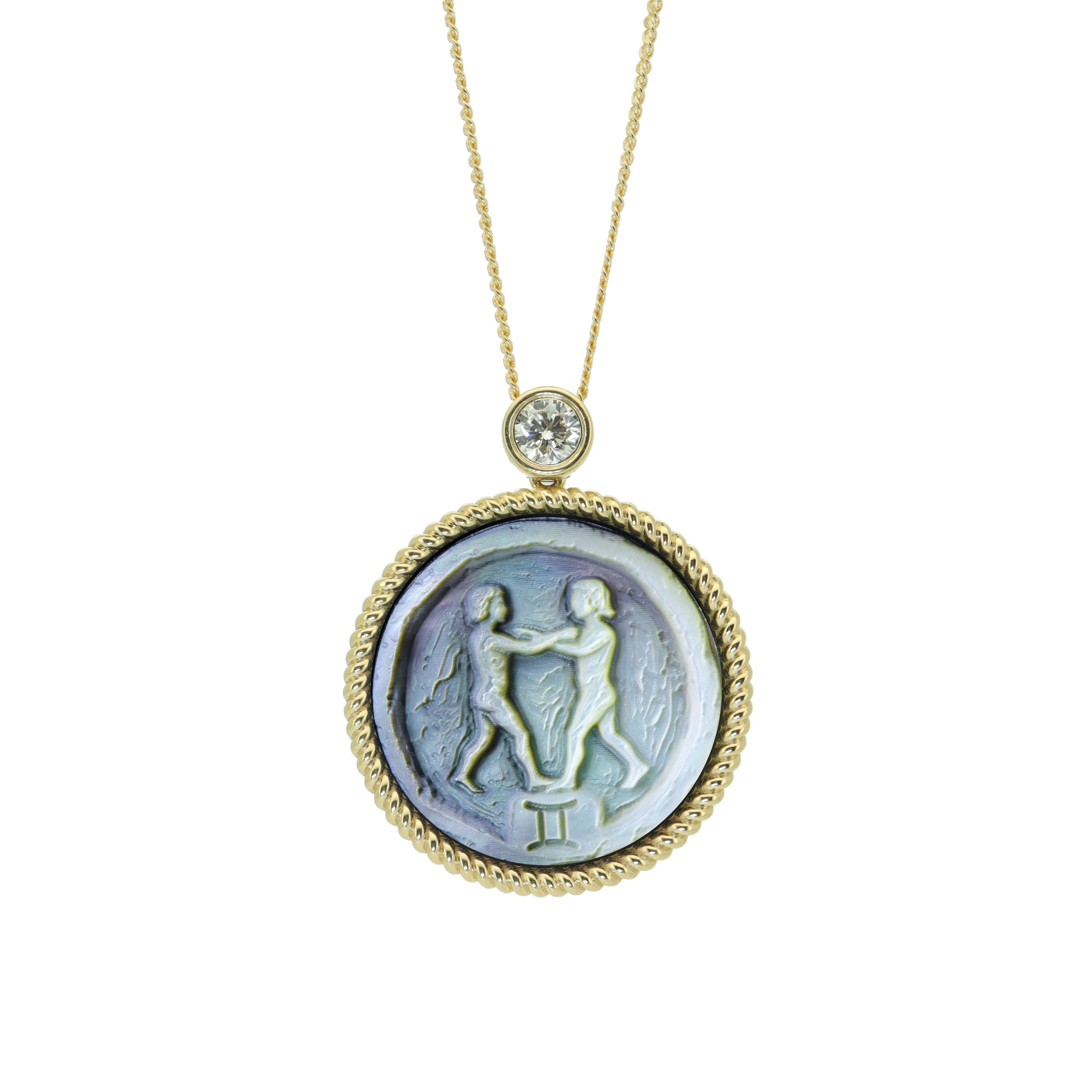 Gemini constellation necklace with artistic Van Gogh style relief carving on natural mother-of-pearl zodiac pendant and sterling silver gold plated chain by OceanCarvingLab.