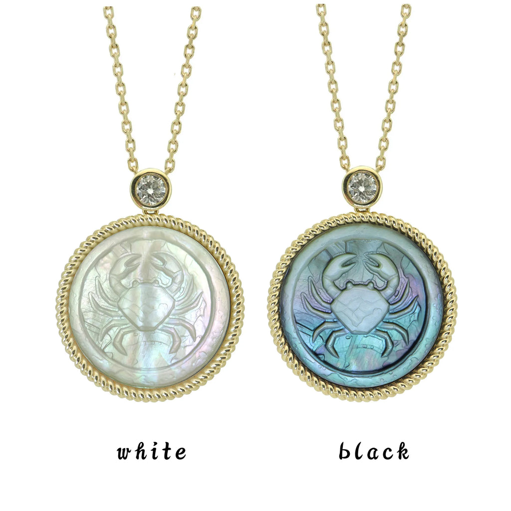 Cancer zodiac pendant necklace with raw archaeological inspired carving and iridescent mother-of-pearl relief by OceanCarvingLab.