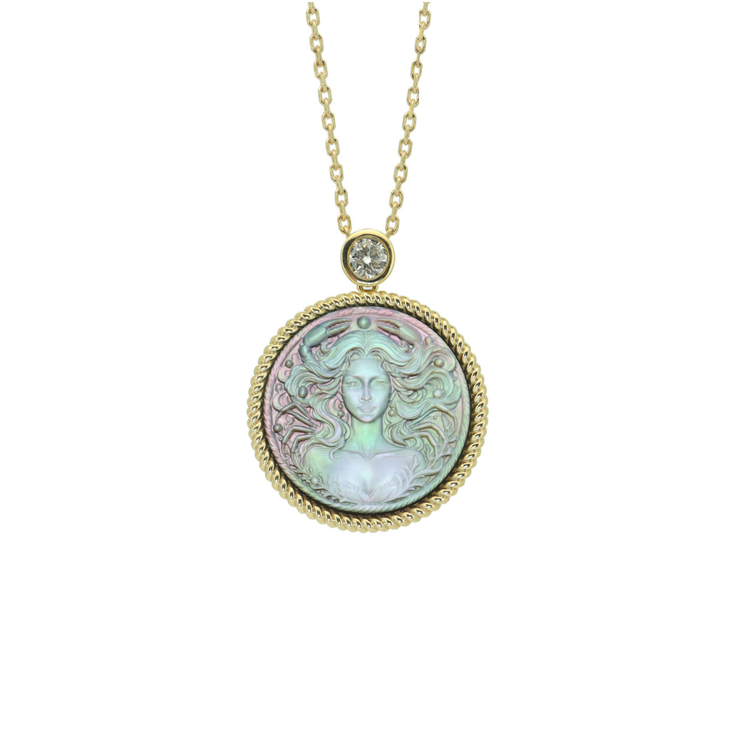 Cancer zodiac cameo pendant necklace with handcrafted mother-of-pearl relief carving inspired by classical mythology by OceanCarvingLab.