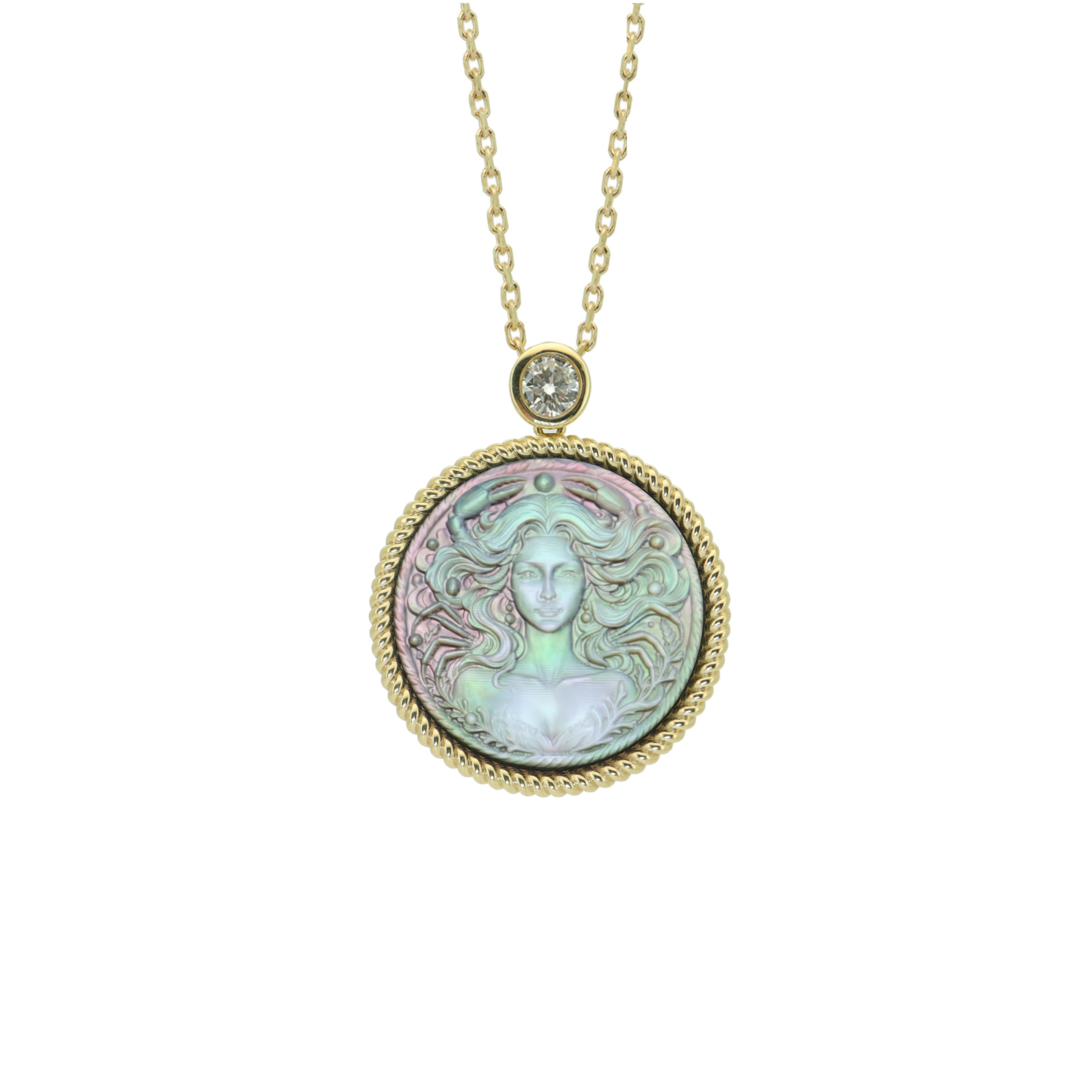 Cancer zodiac cameo pendant necklace with handcrafted mother-of-pearl relief carving inspired by classical mythology by OceanCarvingLab.