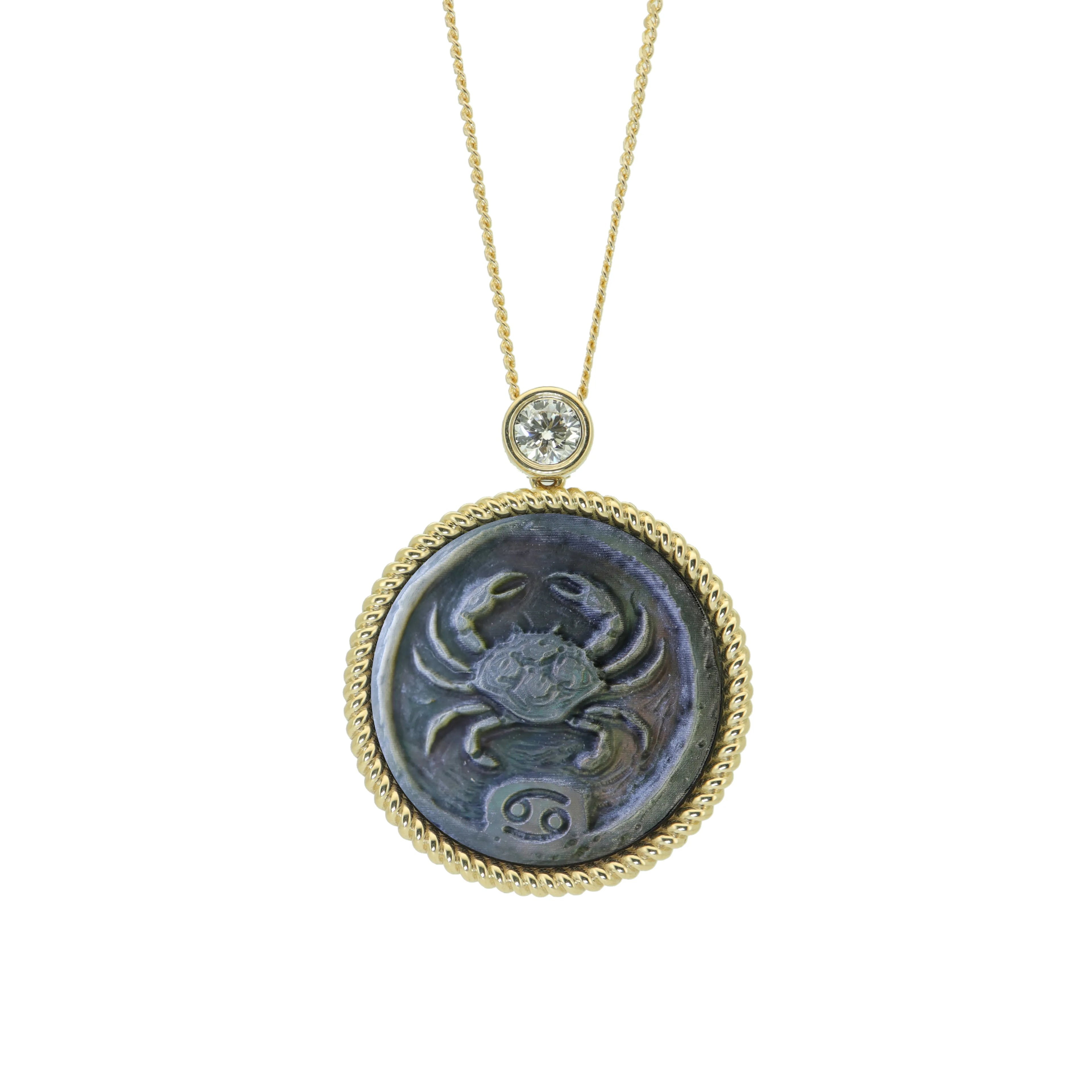Cancer zodiac astrology necklace featuring textured Van Gogh inspired mother-of-pearl carving and elegant gold plated sterling silver pendant design by OceanCarvingLab.