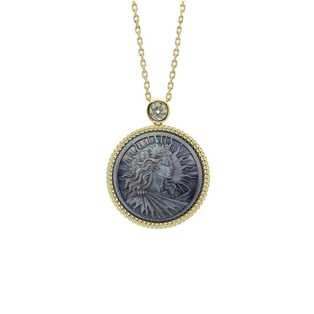 Leo zodiac necklace featuring ancient Greek goddess style cameo carving in natural mother-of-pearl with gold plated silver chain by OceanCarvingLab.