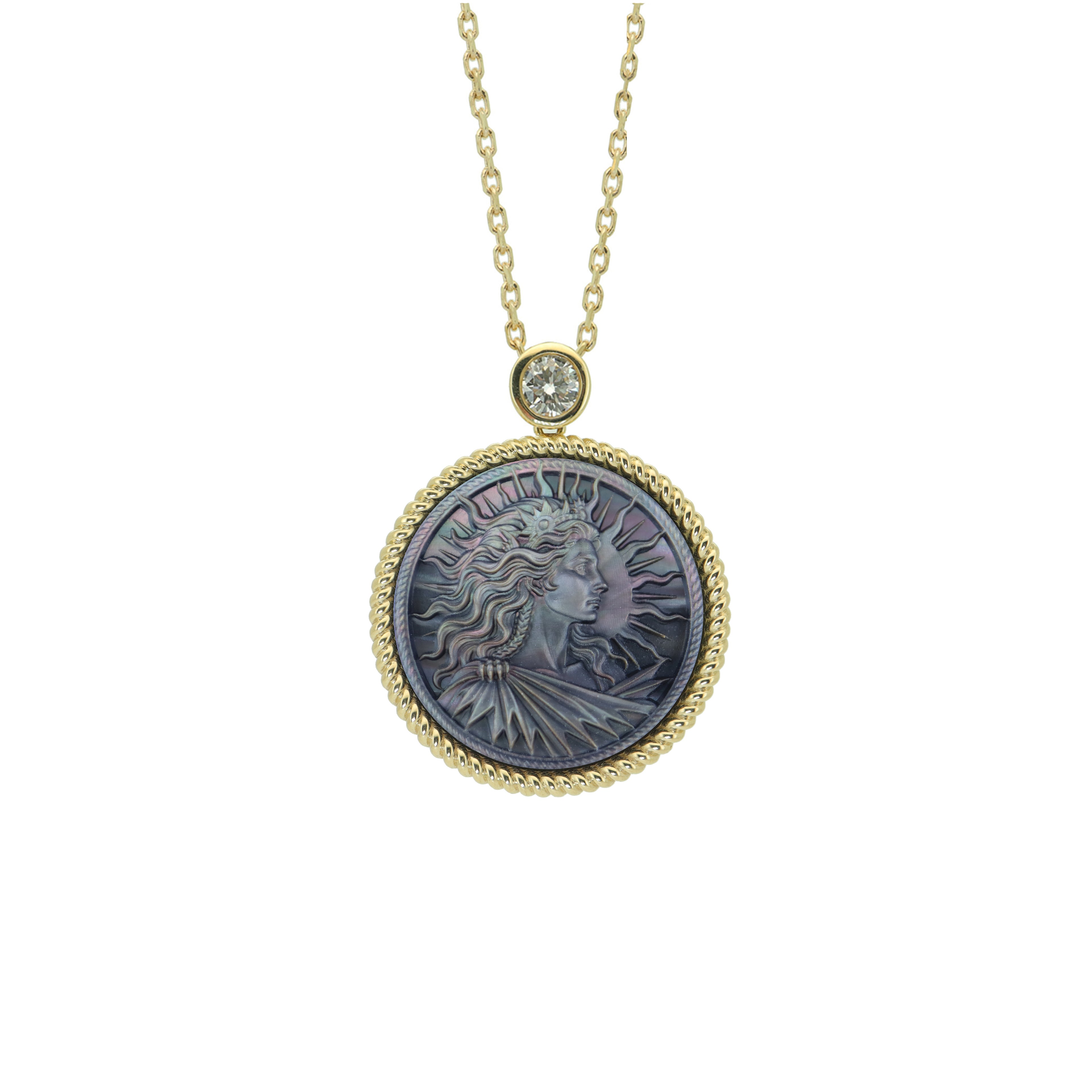 Leo zodiac necklace featuring ancient Greek goddess style cameo carving in natural mother-of-pearl with gold plated silver chain by OceanCarvingLab.