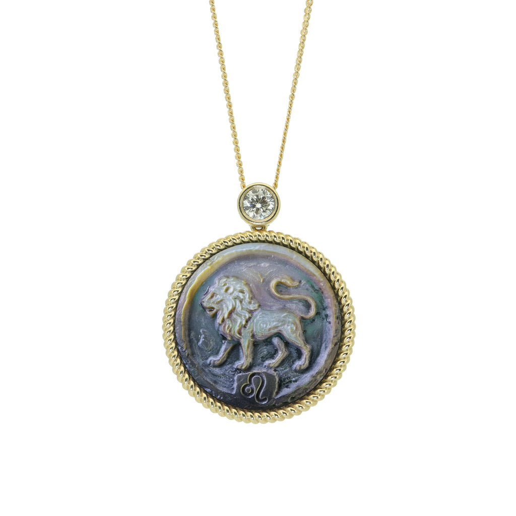 Leo zodiac necklace with handcrafted impasto style mother-of-pearl cameo pendant on premium gold plated sterling silver chain by OceanCarvingLab.