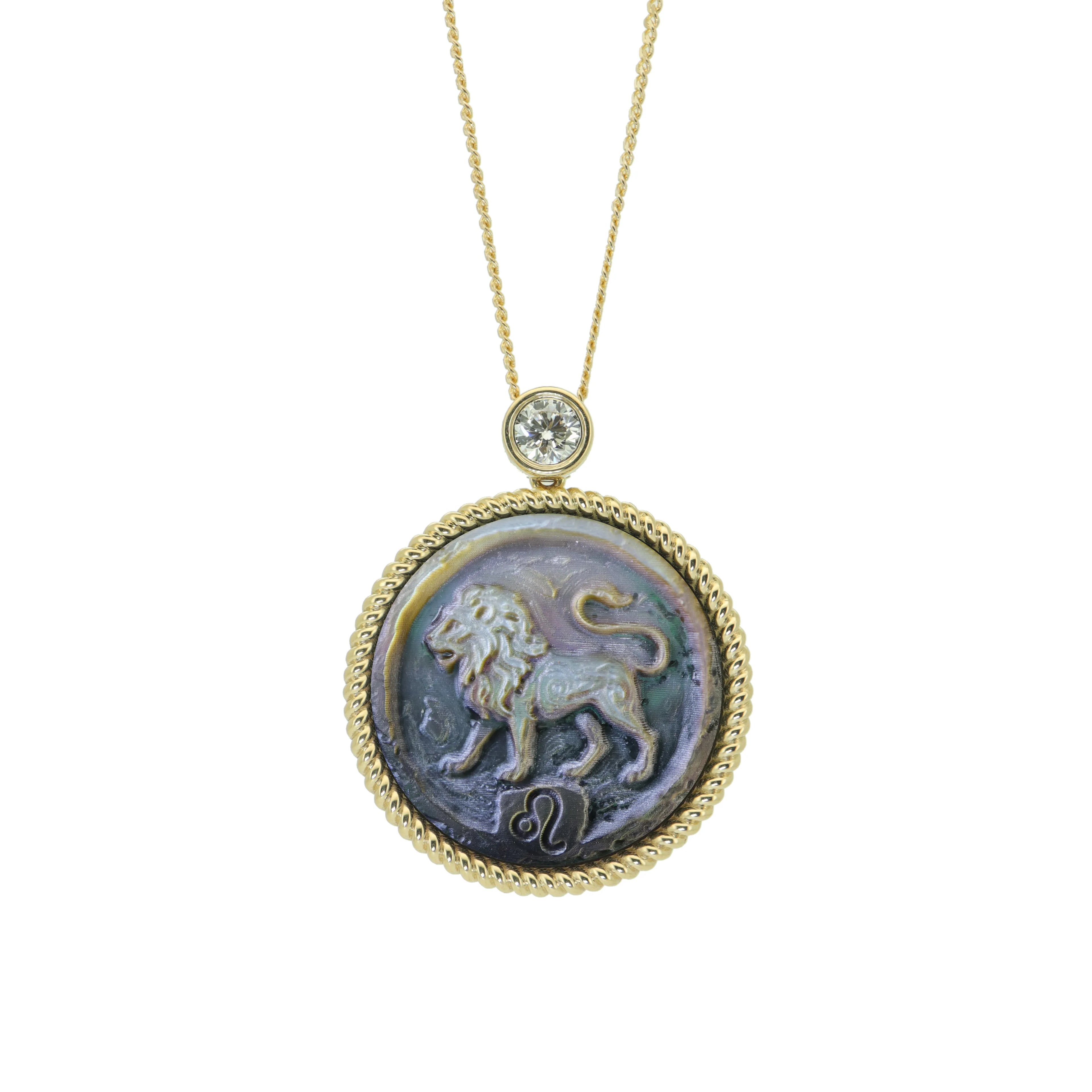 Leo zodiac necklace with handcrafted impasto style mother-of-pearl cameo pendant on premium gold plated sterling silver chain by OceanCarvingLab.