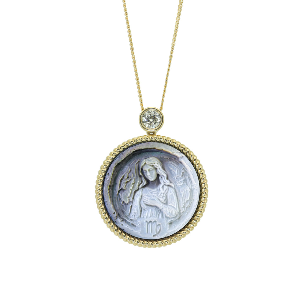 Virgo horoscope pendant necklace featuring Van Gogh inspired carved mother-of-pearl artwork with adjustable gold plated sterling silver chain by OceanCarvingLab.