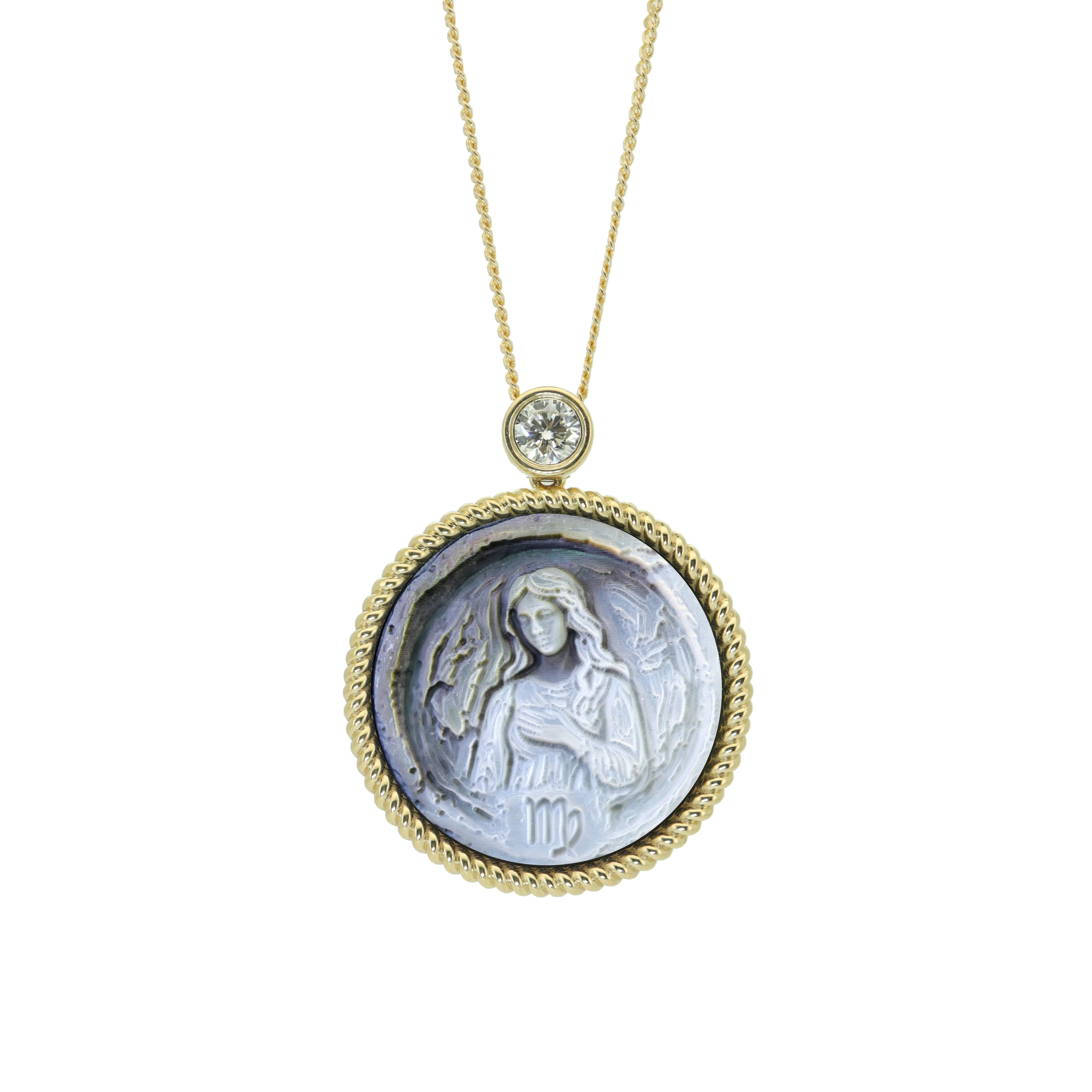 Virgo horoscope pendant necklace featuring Van Gogh inspired carved mother-of-pearl artwork with adjustable gold plated sterling silver chain by OceanCarvingLab.