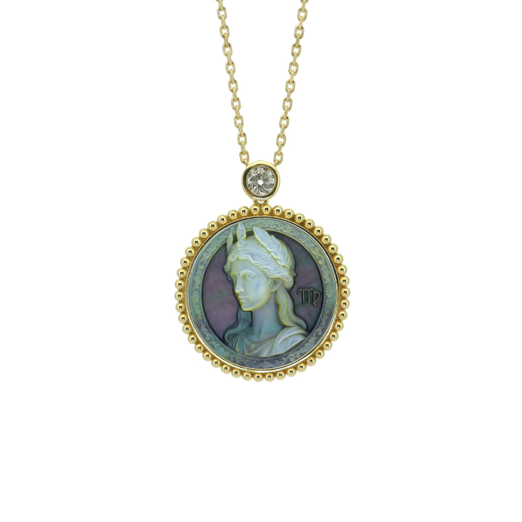 Greek Goddess Mother-of-Pearl Zodiac Necklace — Beaded Edge — Choose Your Sign