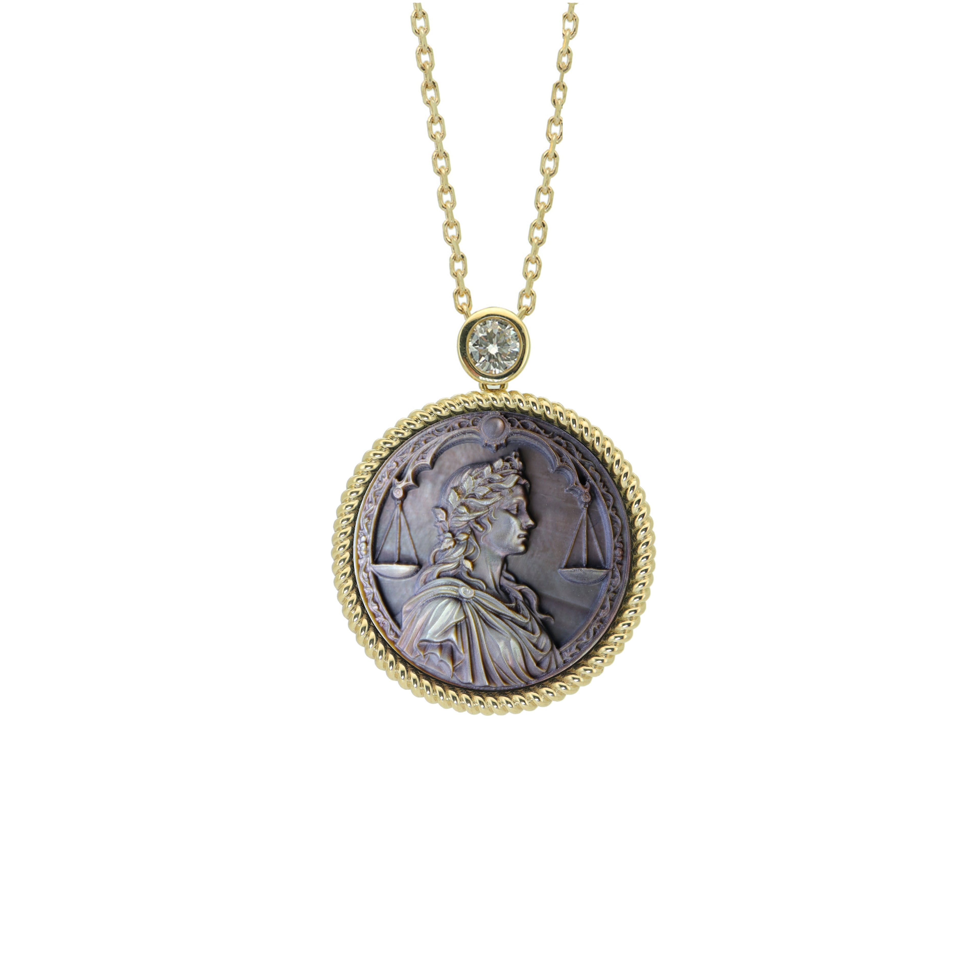 Libra zodiac cameo necklace featuring vintage Greek inspired mother-of-pearl relief pendant with gold plated sterling silver chain by OceanCarvingLab.