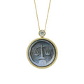 Libra zodiac pendant necklace showcasing Van Gogh inspired shell carving, natural mother-of-pearl texture and gold plated sterling silver craftsmanship by OceanCarvingLab.