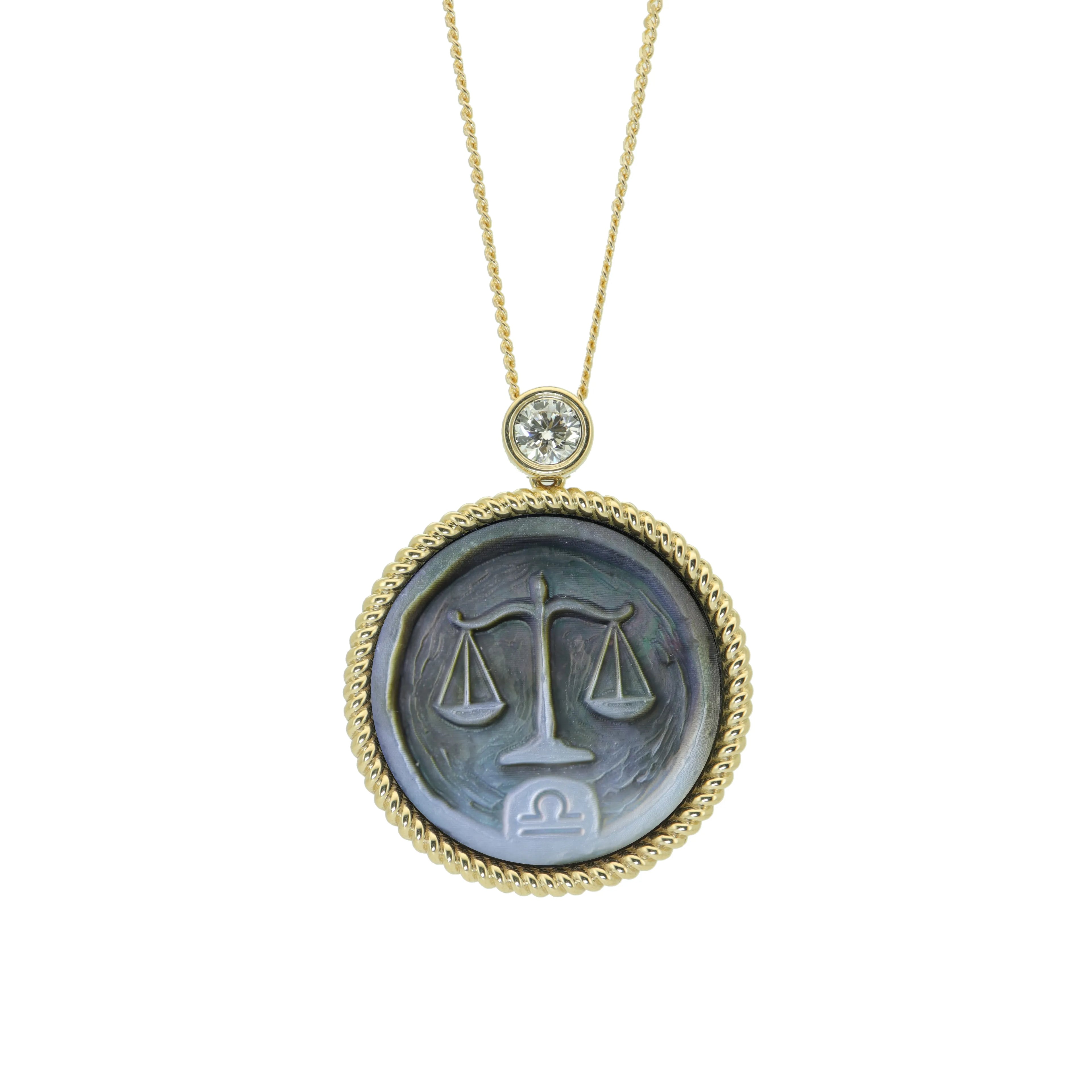 Libra zodiac pendant necklace showcasing Van Gogh inspired shell carving, natural mother-of-pearl texture and gold plated sterling silver craftsmanship by OceanCarvingLab.