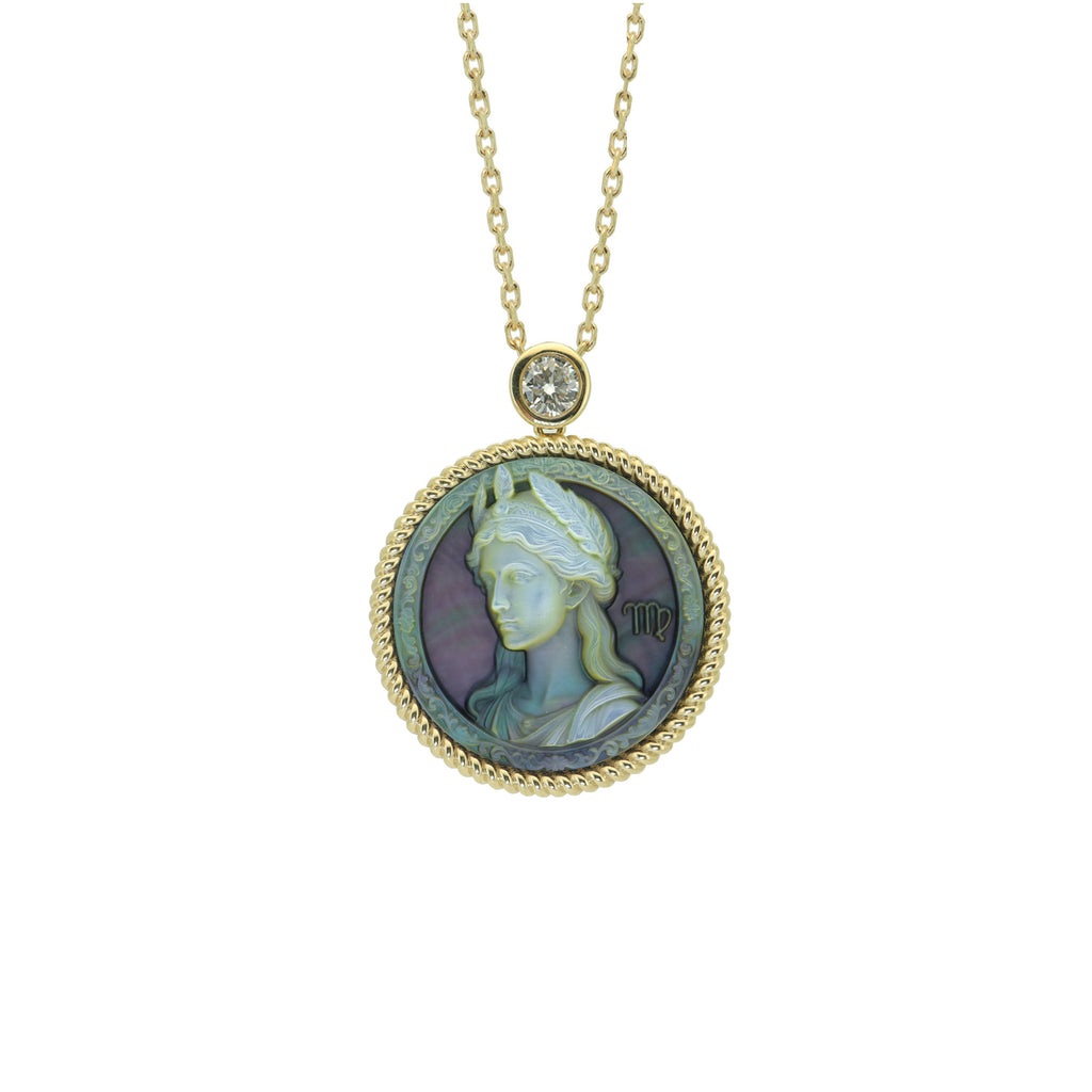 Virgo zodiac cameo jewelry with elegant classical figure carving on natural mother-of-pearl pendant and sterling silver necklace by OceanCarvingLab.