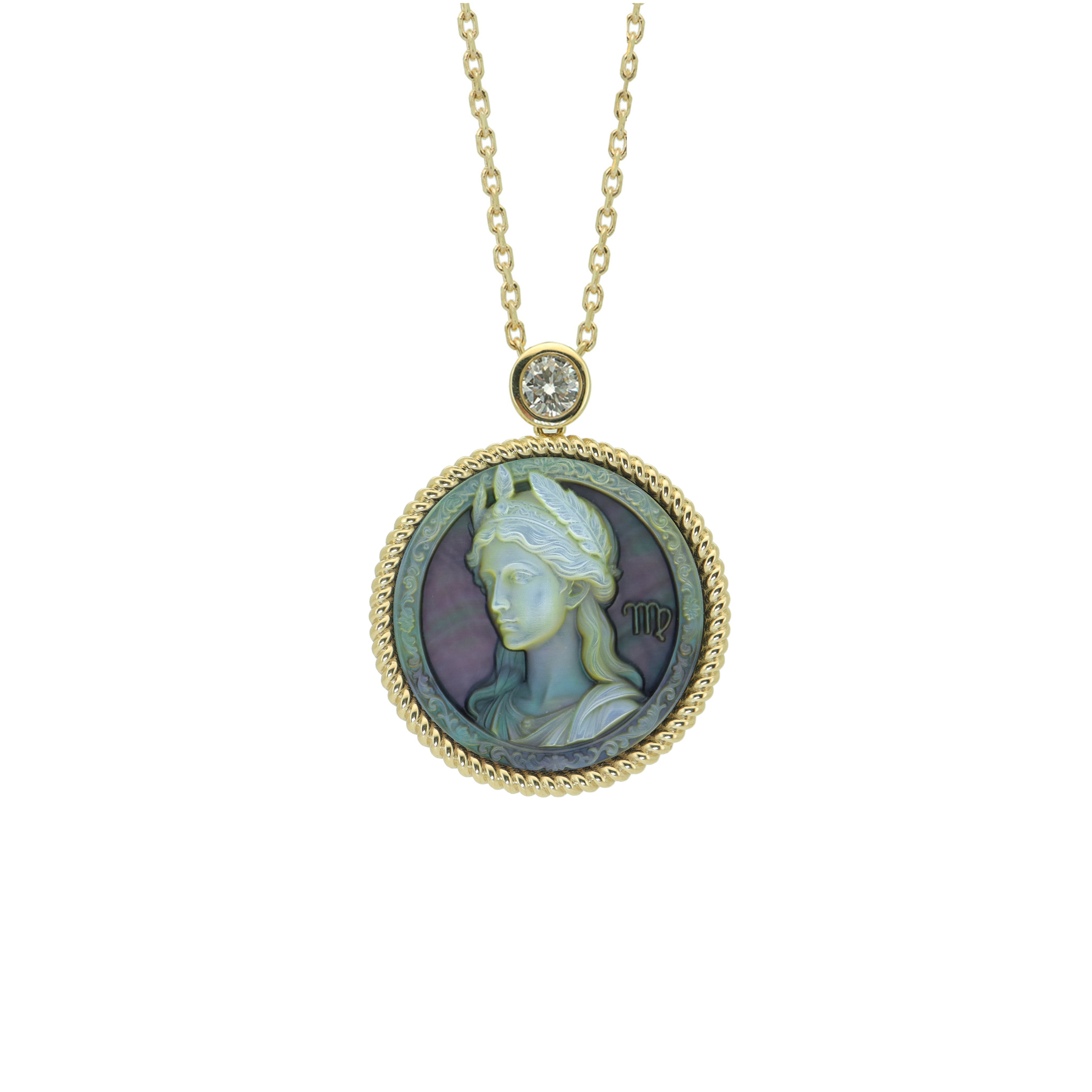 Virgo zodiac cameo jewelry with elegant classical figure carving on natural mother-of-pearl pendant and sterling silver necklace by OceanCarvingLab.