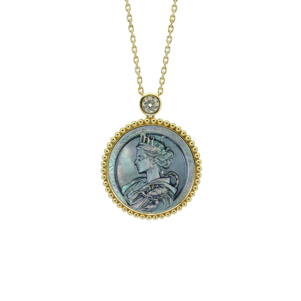 Greek Goddess Mother-of-Pearl Zodiac Necklace — Beaded Edge — Choose Your Sign