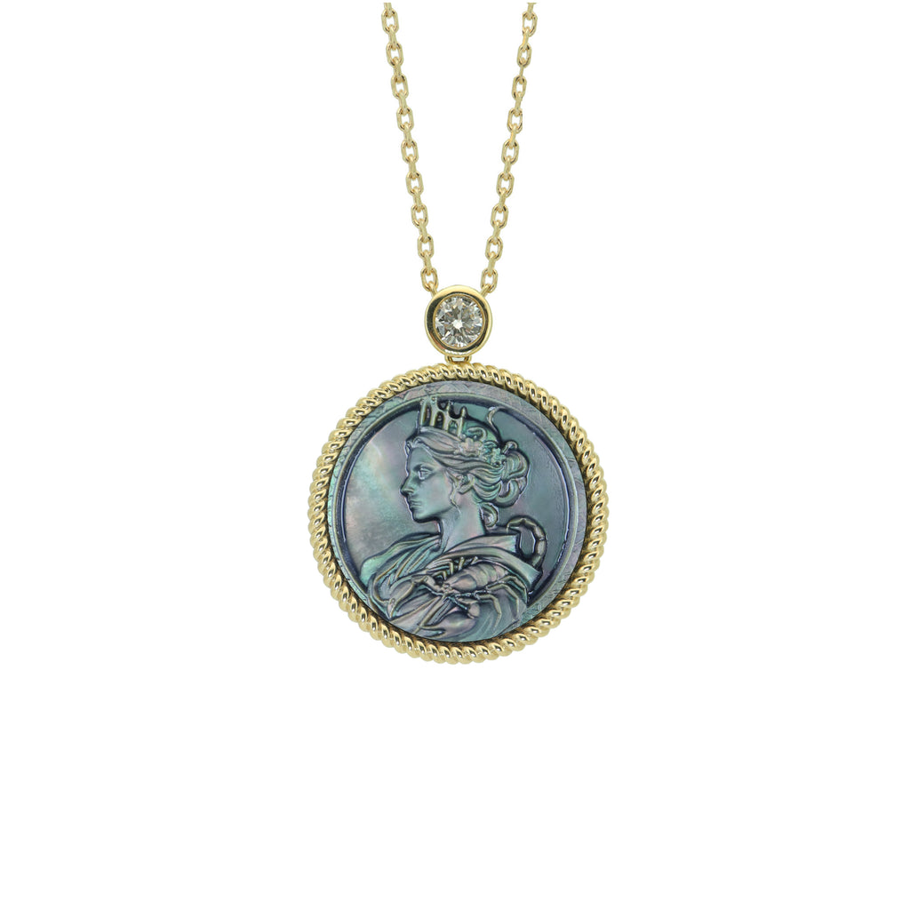 Scorpio zodiac pendant necklace with mythological cameo carving on natural mother-of-pearl shell and gold plated sterling silver chain by OceanCarvingLab.