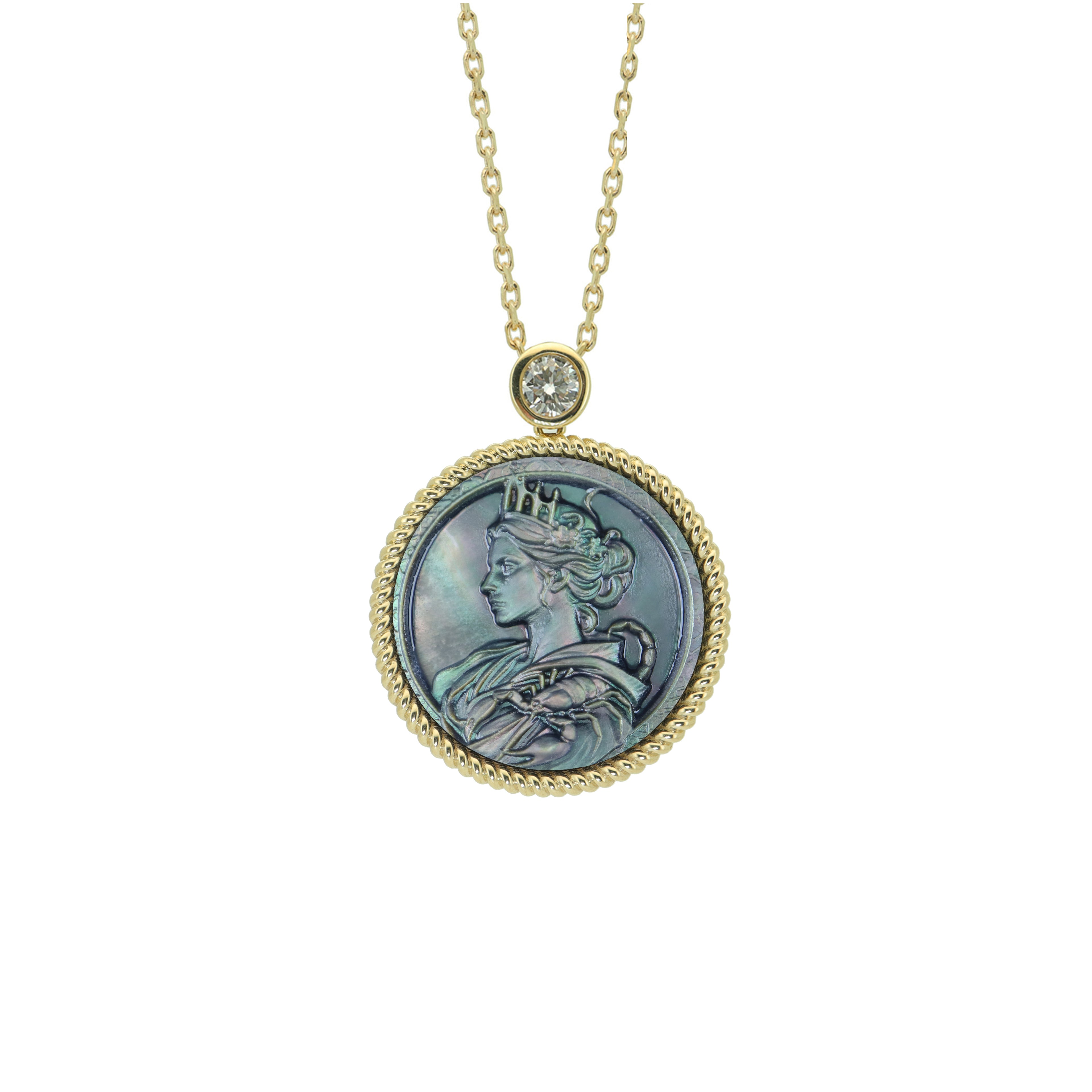 Scorpio zodiac pendant necklace with mythological cameo carving on natural mother-of-pearl shell and gold plated sterling silver chain by OceanCarvingLab.