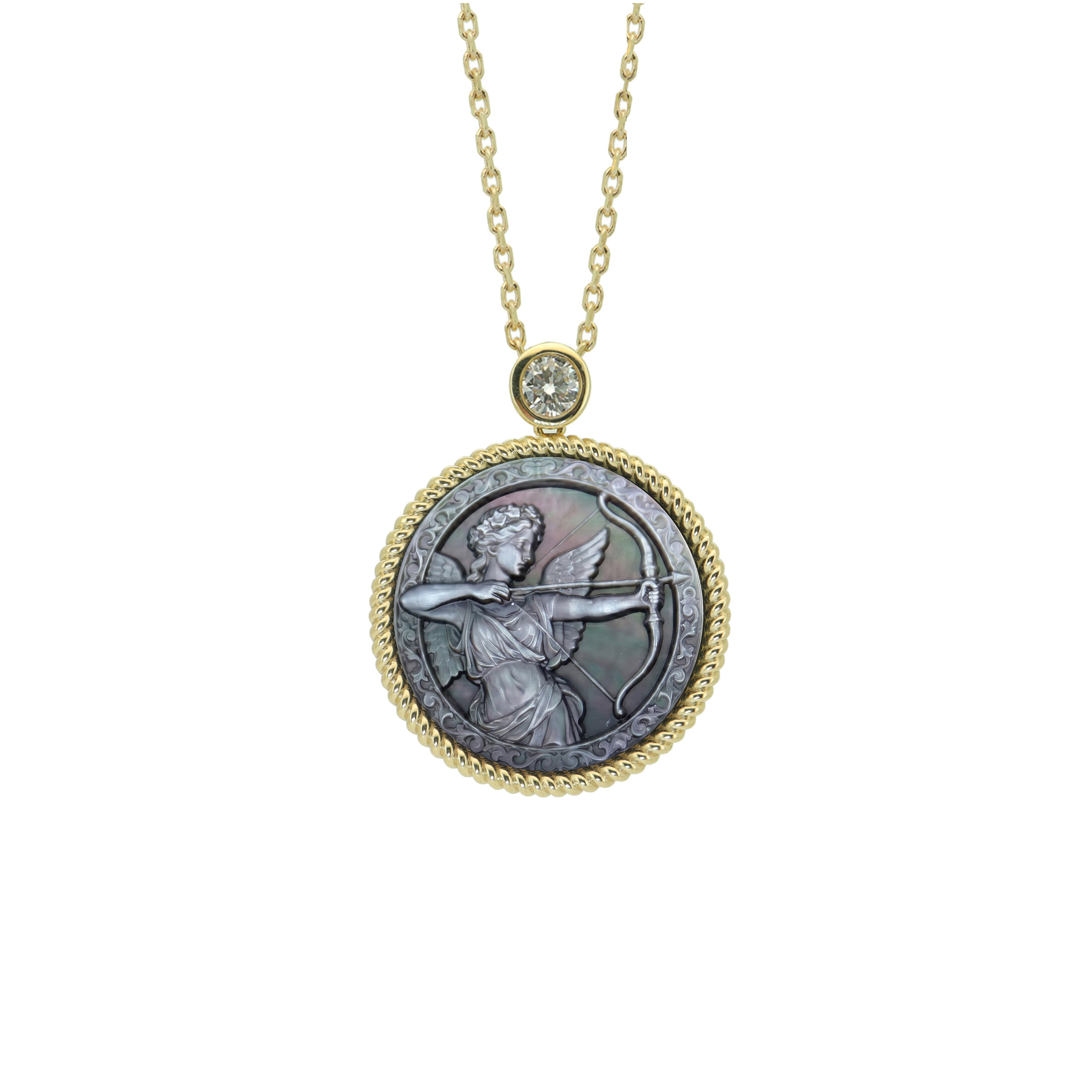 Sagittarius zodiac cameo necklace with classical mythology inspired mother-of-pearl carving and elegant gold plated silver pendant by OceanCarvingLab.