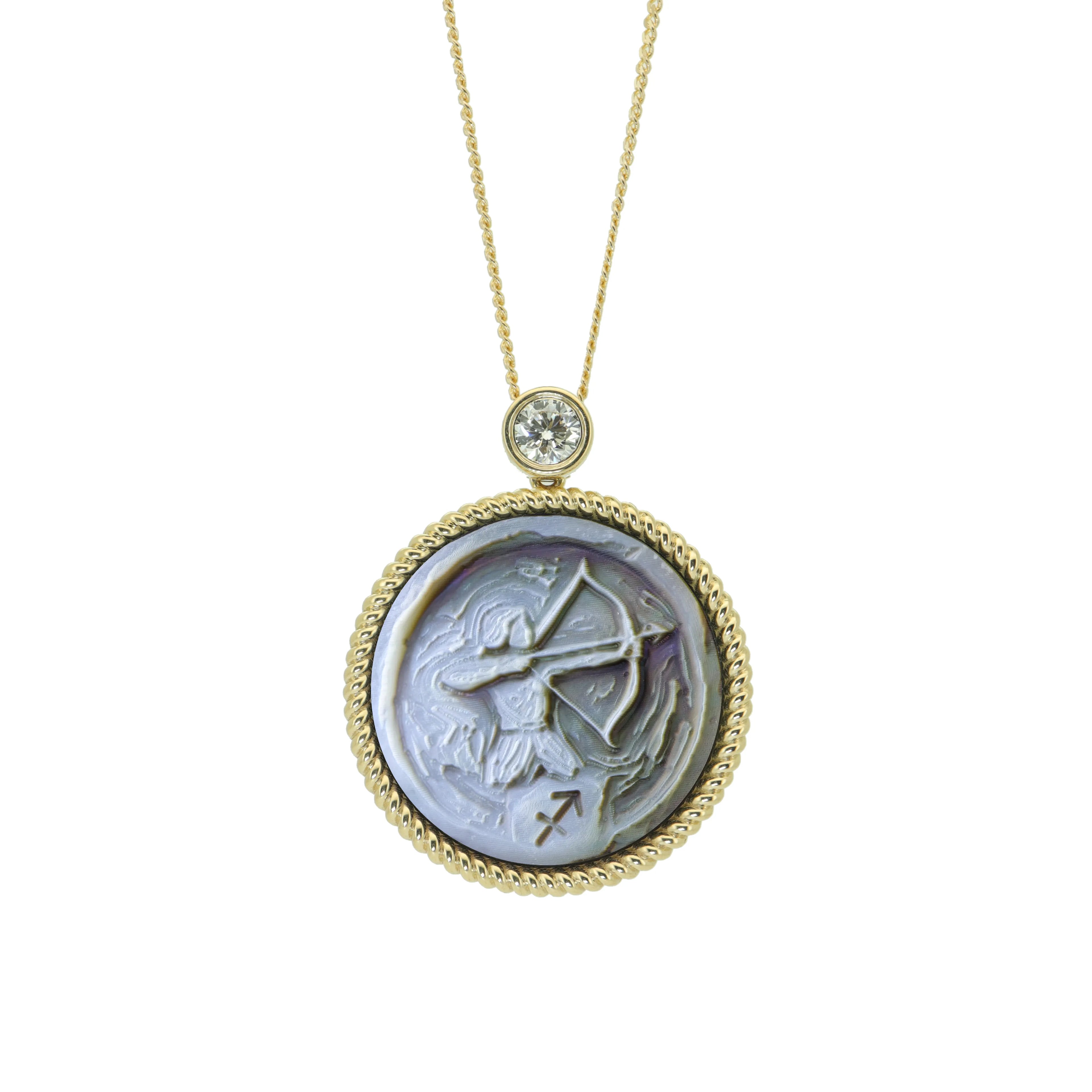 Sagittarius zodiac necklace with Van Gogh inspired relief carved mother-of-pearl pendant and luxurious gold plated sterling silver jewelry design by OceanCarvingLab.