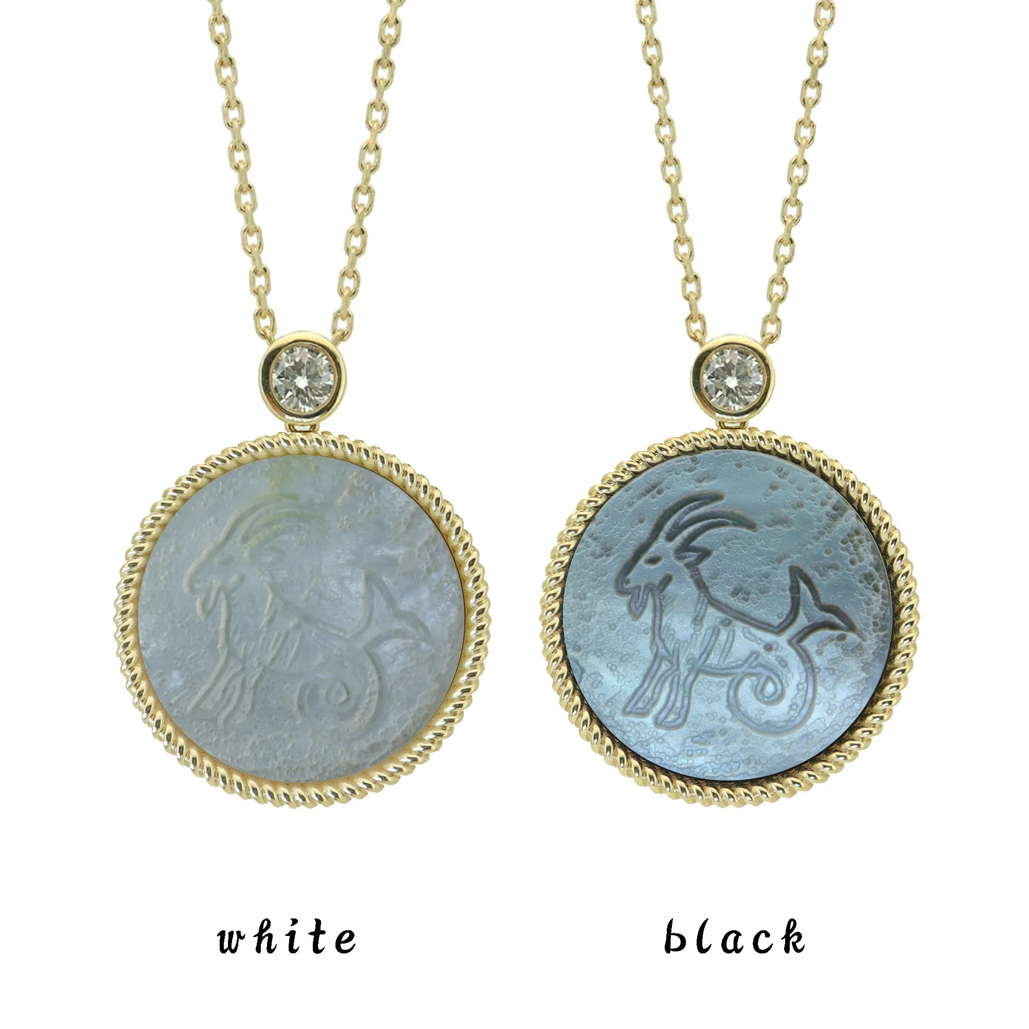 Two Capricorn zodiac pendant necklaces with carved black and white mother-of-pearl inlay on white background by Celestial Creations.