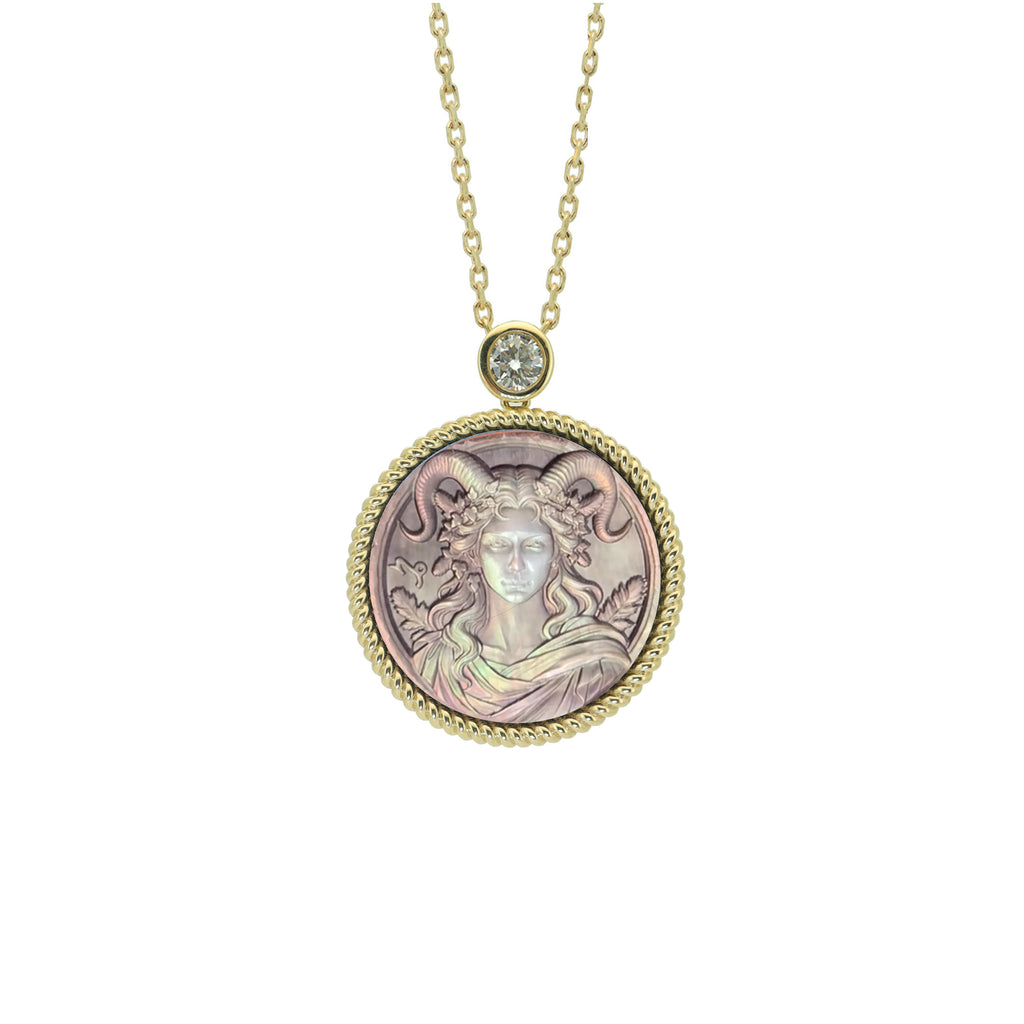 Capricorn zodiac necklace featuring handcrafted mother-of-pearl cameo relief carving with ancient Greek style gold plated sterling silver pendant by OceanCarvingLab.