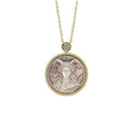 Capricorn zodiac necklace featuring handcrafted mother-of-pearl cameo relief carving with ancient Greek style gold plated sterling silver pendant by OceanCarvingLab.