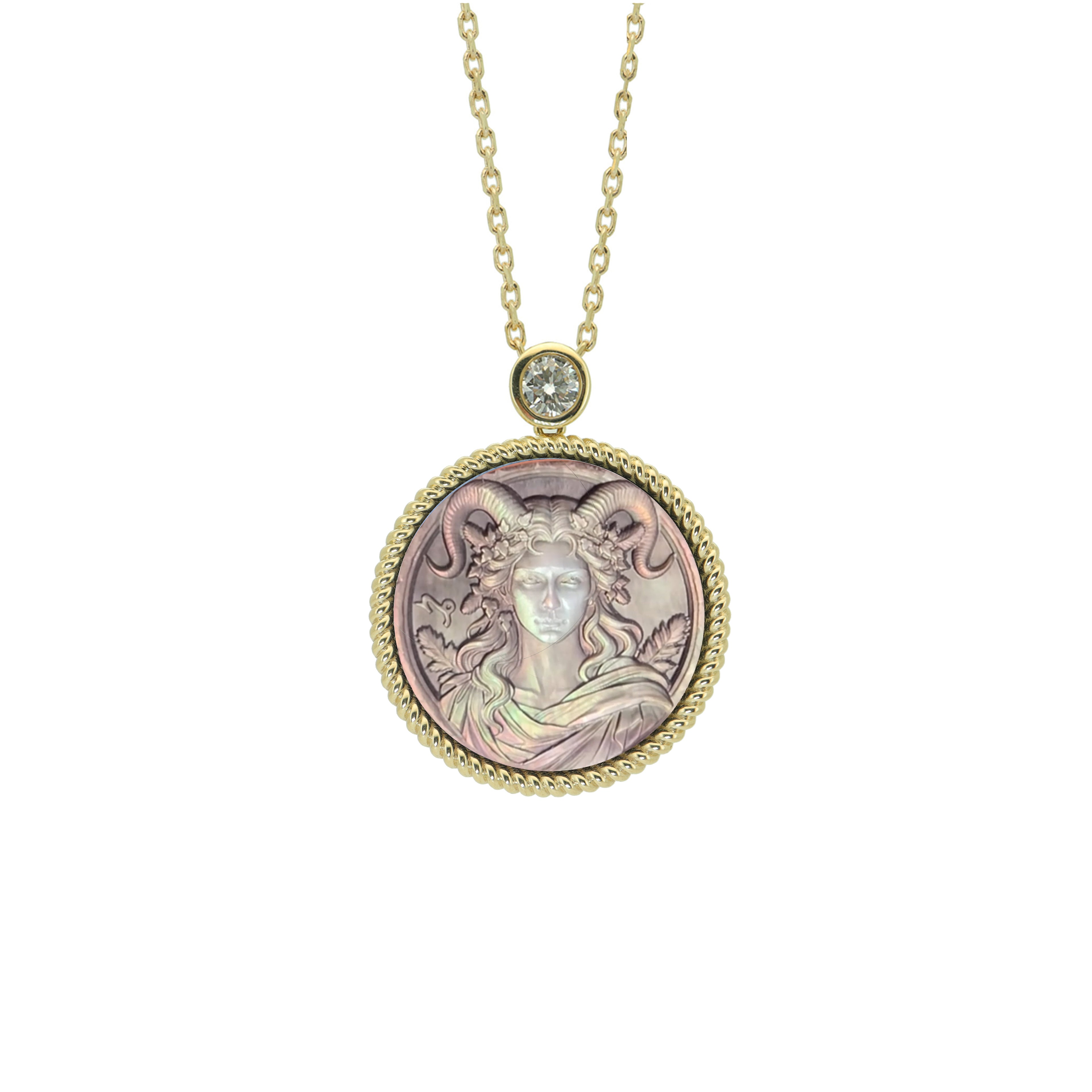 Capricorn zodiac necklace featuring handcrafted mother-of-pearl cameo relief carving with ancient Greek style gold plated sterling silver pendant by OceanCarvingLab.