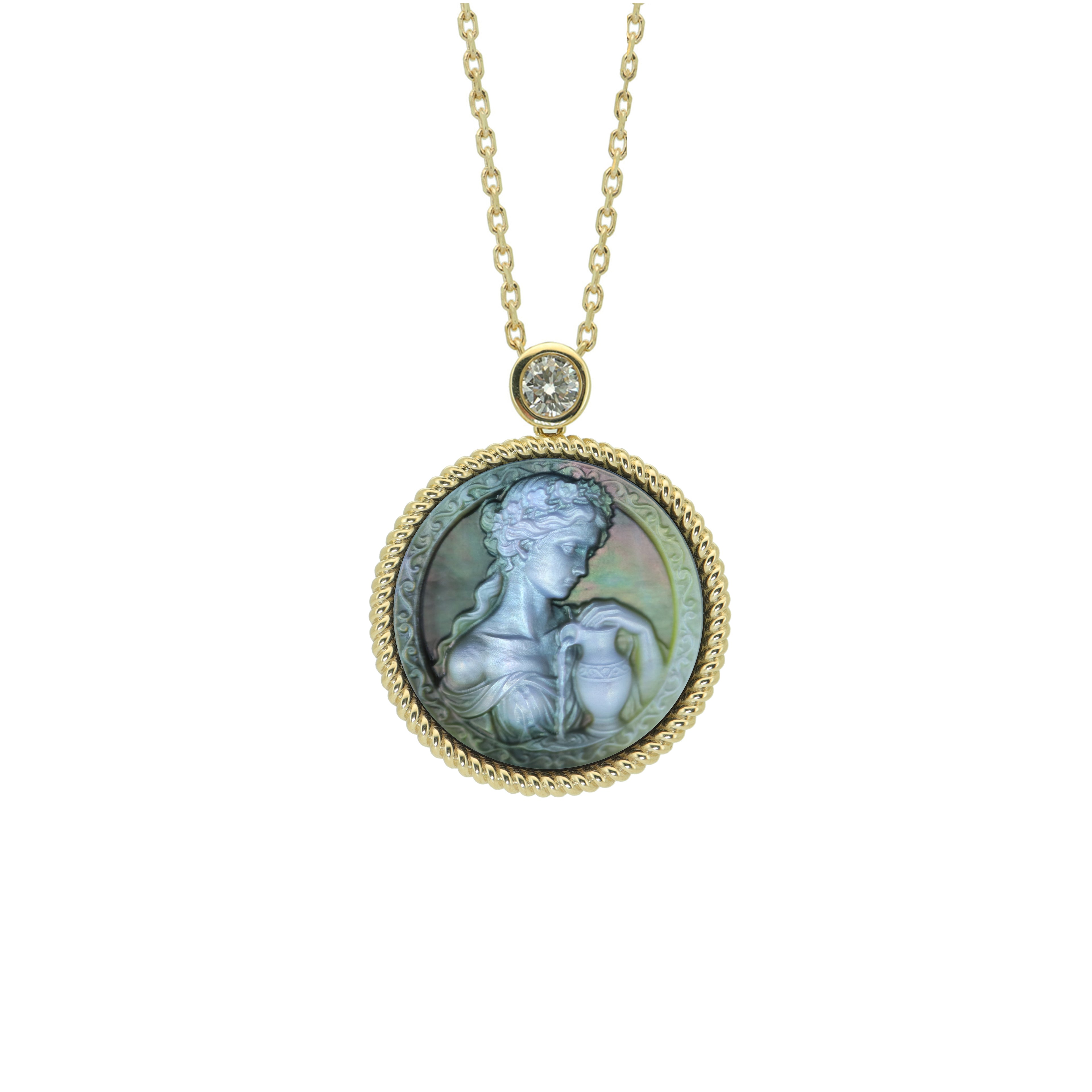 Aquarius zodiac cameo pendant with classical goddess inspired shell carving in natural mother-of-pearl on gold plated sterling silver necklace by OceanCarvingLab