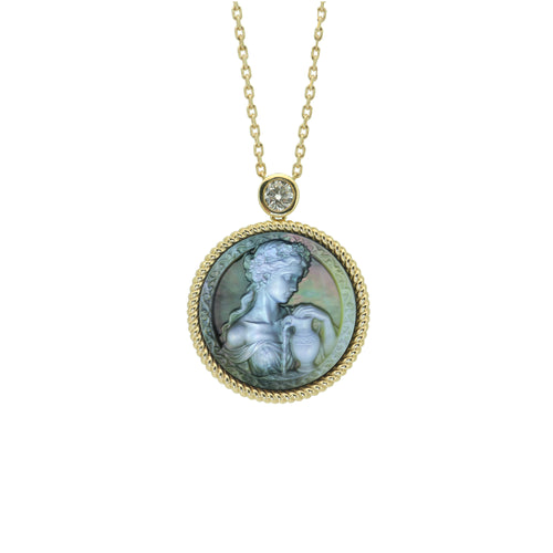 Aquarius zodiac cameo pendant with classical goddess inspired shell carving in natural mother-of-pearl on gold plated sterling silver necklace by OceanCarvingLab
