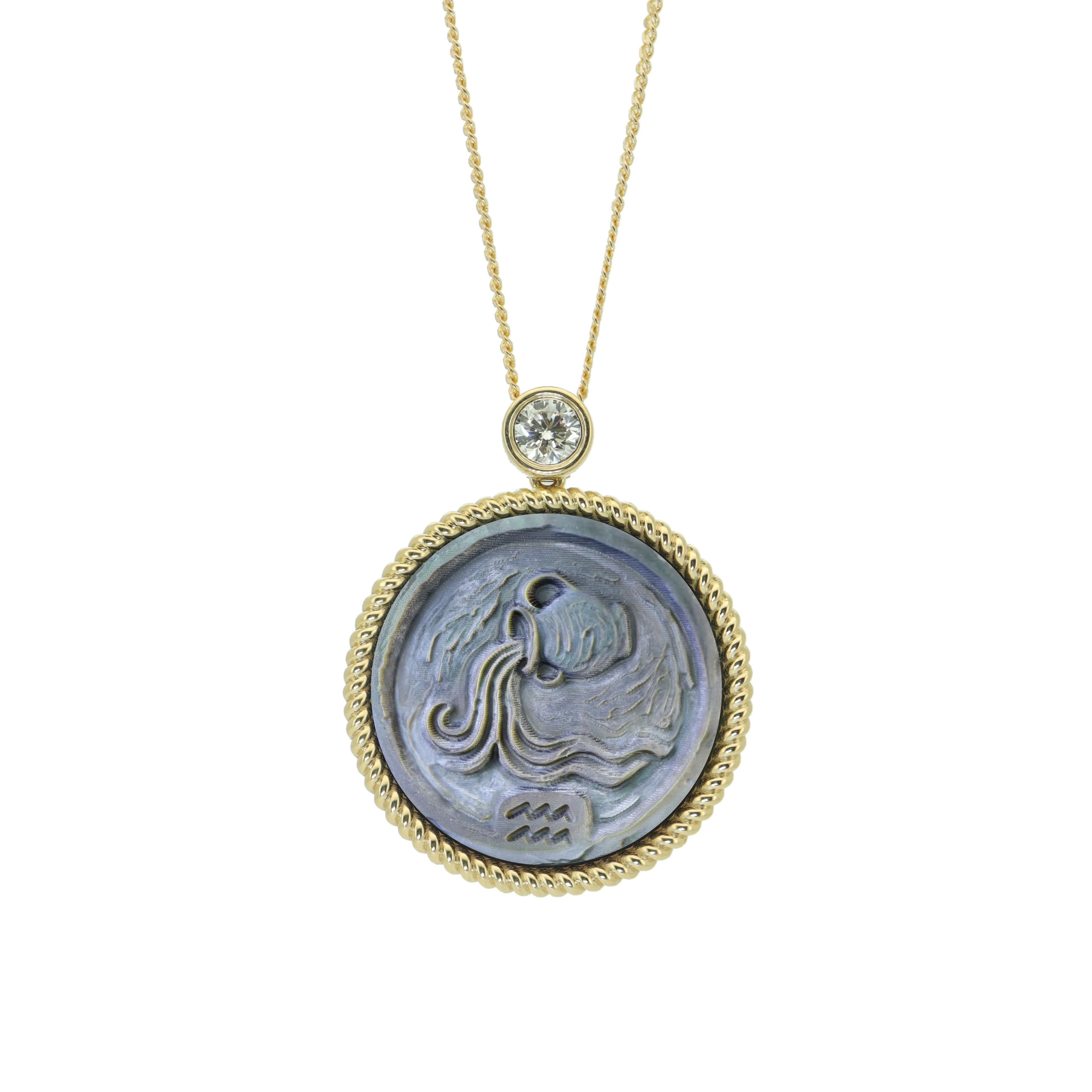 Aquarius zodiac pendant necklace with unique impasto artwork carved into natural mother-of-pearl and gold plated sterling silver chain by OceanCarvingLab.