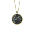 Pisces zodiac necklace featuring artistic mother-of-pearl cameo carving with classical Greek mythology design on gold plated sterling silver chain by OceanCarvingLab