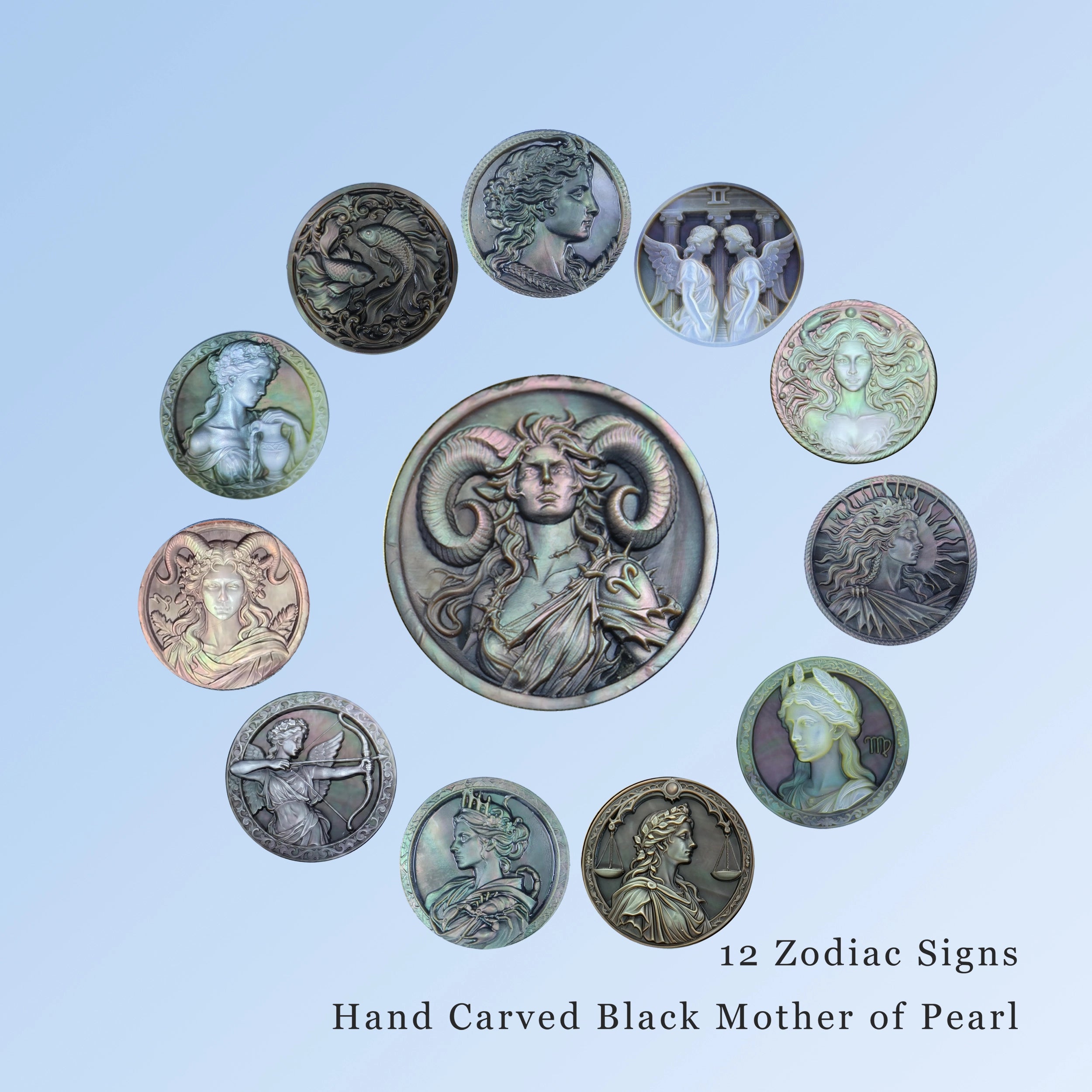 Hand carved art piece made from genuine black mother of pearl. The shell shifts beautifully in sunlight, revealing unique natural iridescence from every angle. A minimalist zodiac collectible and meaningful gift for astrology lovers.