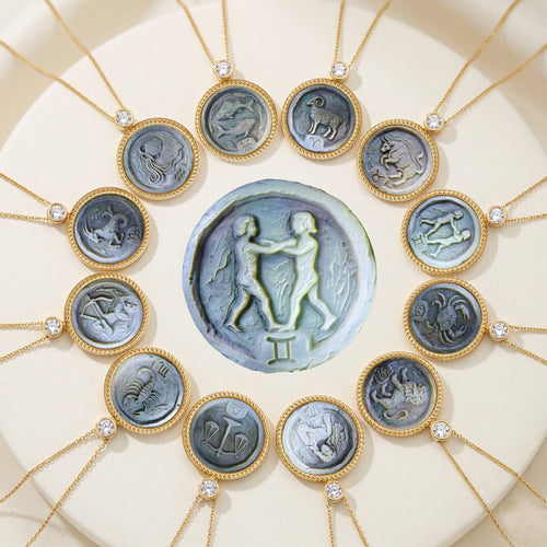 Van Gogh inspired impasto carved zodiac collection featuring 12 celestial mother-of-pearl pendants on gold plated sterling silver necklaces by OceanCarvingLab.
