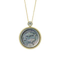 Pisces zodiac necklace featuring Van Gogh inspired textured mother-of-pearl carving, celestial pendant design and gold plated sterling silver craftsmanship by OceanCarvingLab.
