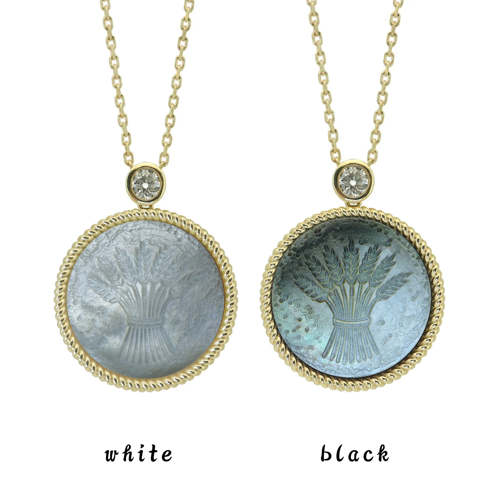 Two Virgo zodiac pendant necklaces with carved black and white mother-of-pearl inlay on white background by Celestial Creations.