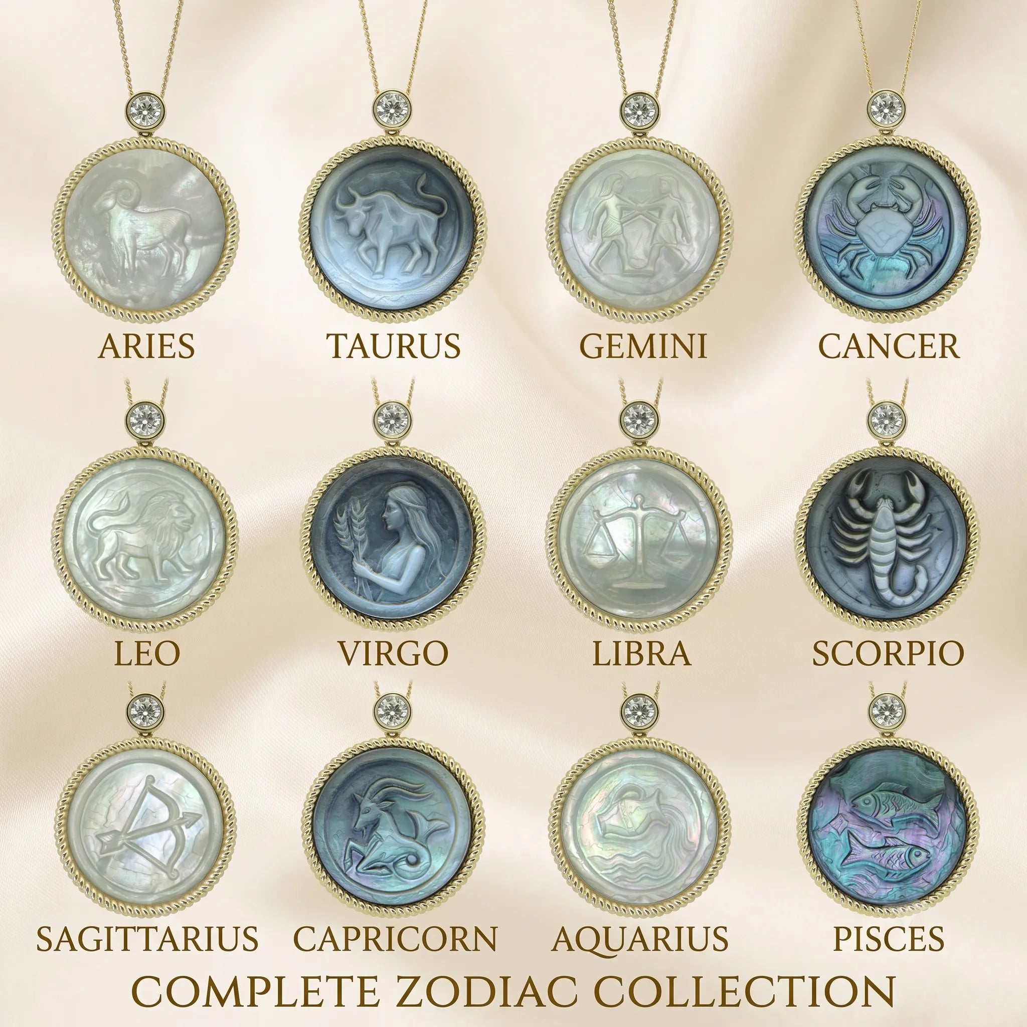 Primitive chiseled stone-age style collection featuring 12 zodiac constellation pendants with iridescent hand-carved mother-of-pearl on 925 sterling silver gold plated necklaces by OceanCarvingLab.