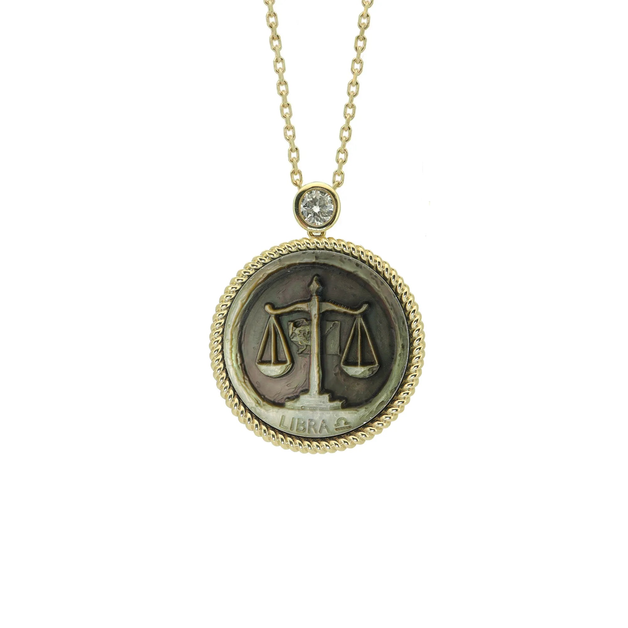 Picasso-inspired Libra zodiac pendant necklace with abstract relief textures carved from natural mother-of-pearl by OceanCarvingLab.