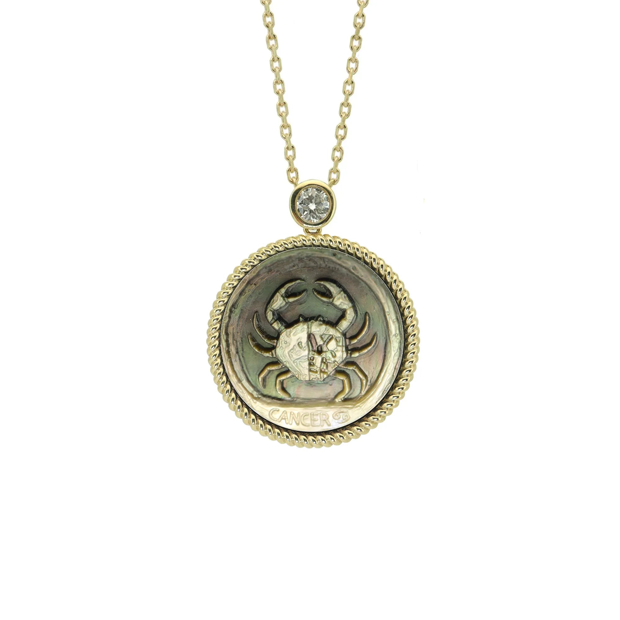 Abstract Cancer zodiac necklace featuring artistic mother-of-pearl shell relief carving inspired by Picasso modernist artwork by OceanCarvingLab.