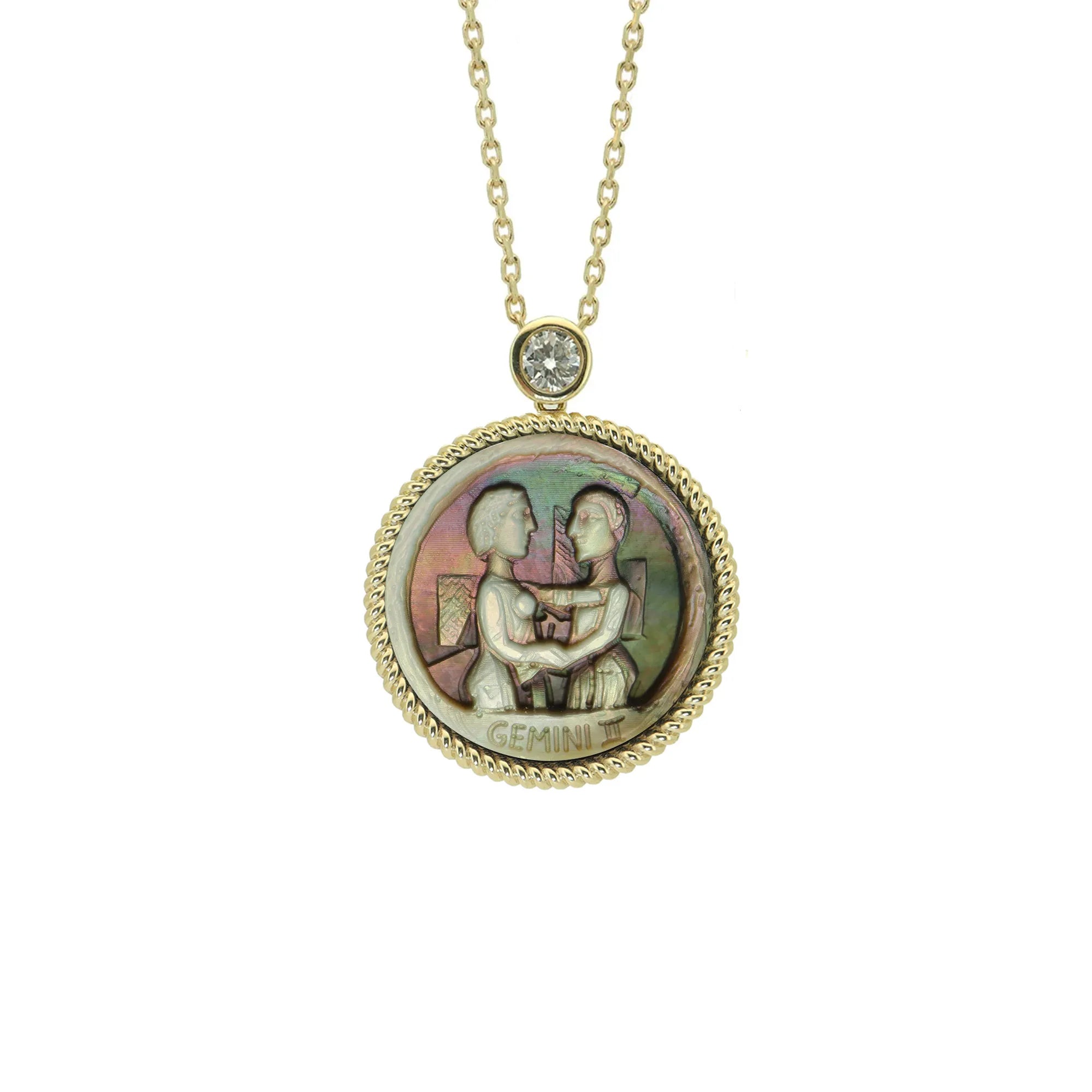 Picasso-inspired Gemini constellation necklace featuring geometric abstract carving on natural iridescent mother-of-pearl pendant by OceanCarvingLab.
