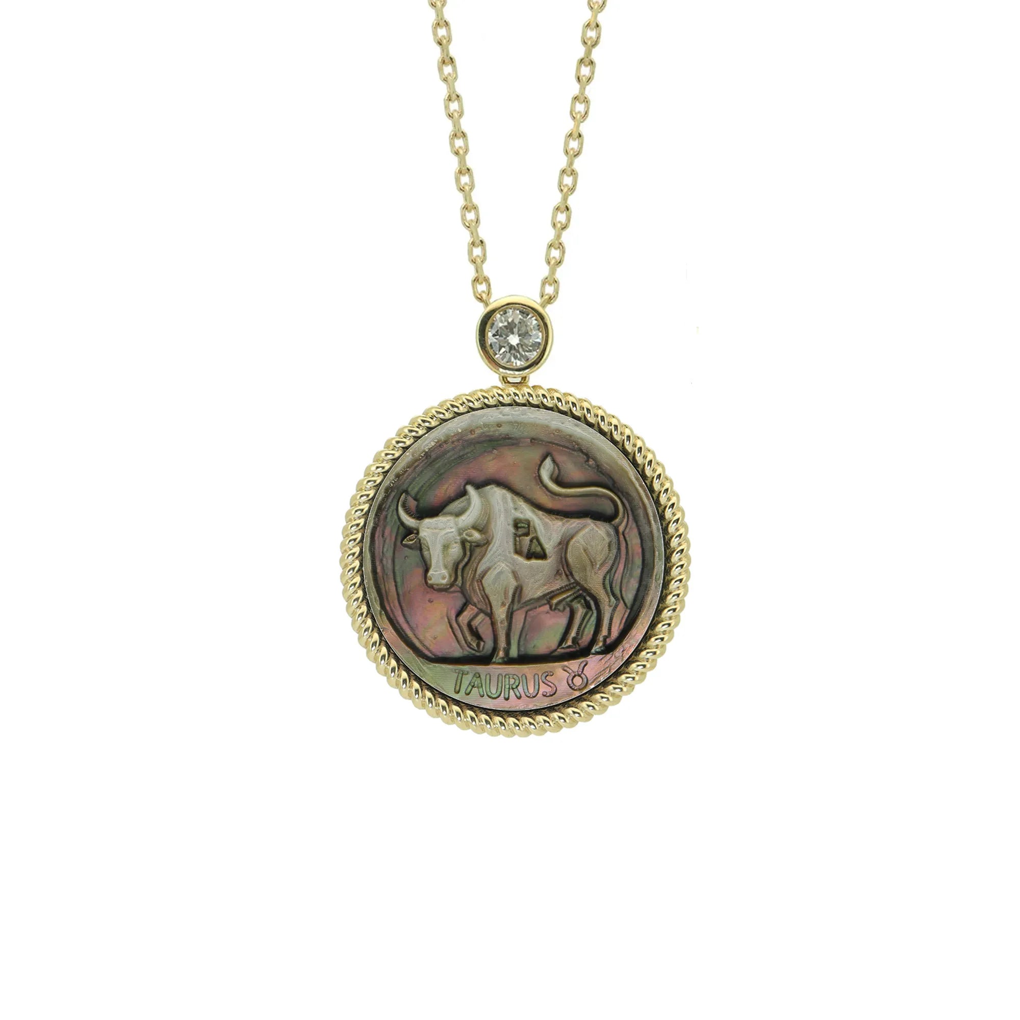 Picasso-inspired Taurus zodiac pendant necklace featuring abstract modernist mother-of-pearl relief carving with gold plated sterling silver setting by OceanCarvingLab.