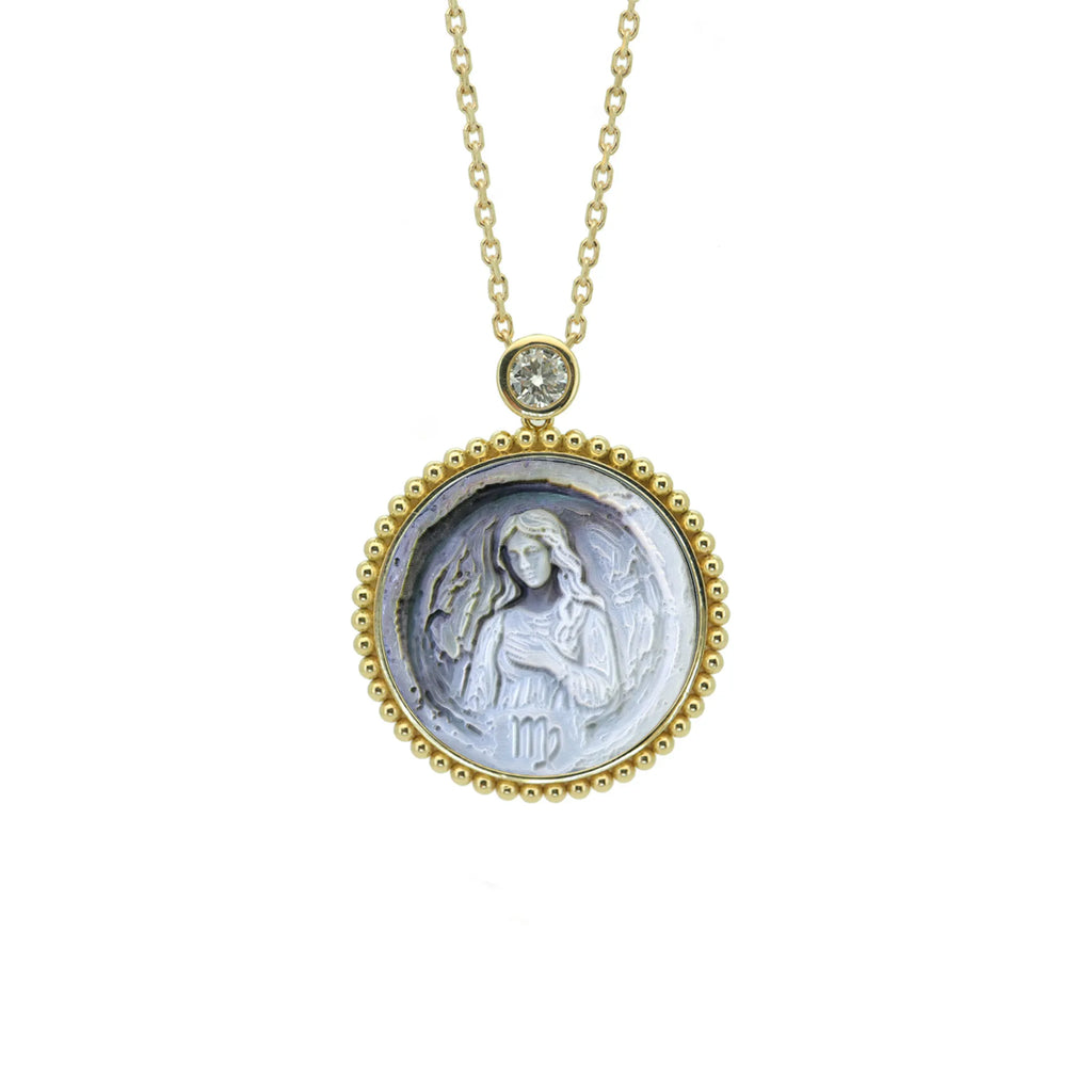 Post-Impressionist Mother-of-Pearl Zodiac Necklace — Beaded Edge — Choose Your Sign
