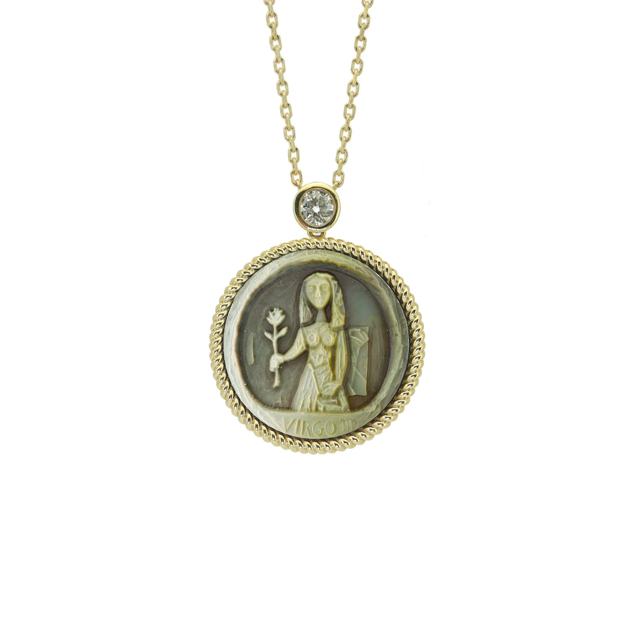 Abstract Virgo zodiac necklace featuring sculptural constellation carving and iridescent mother-of-pearl surface by OceanCarvingLab.