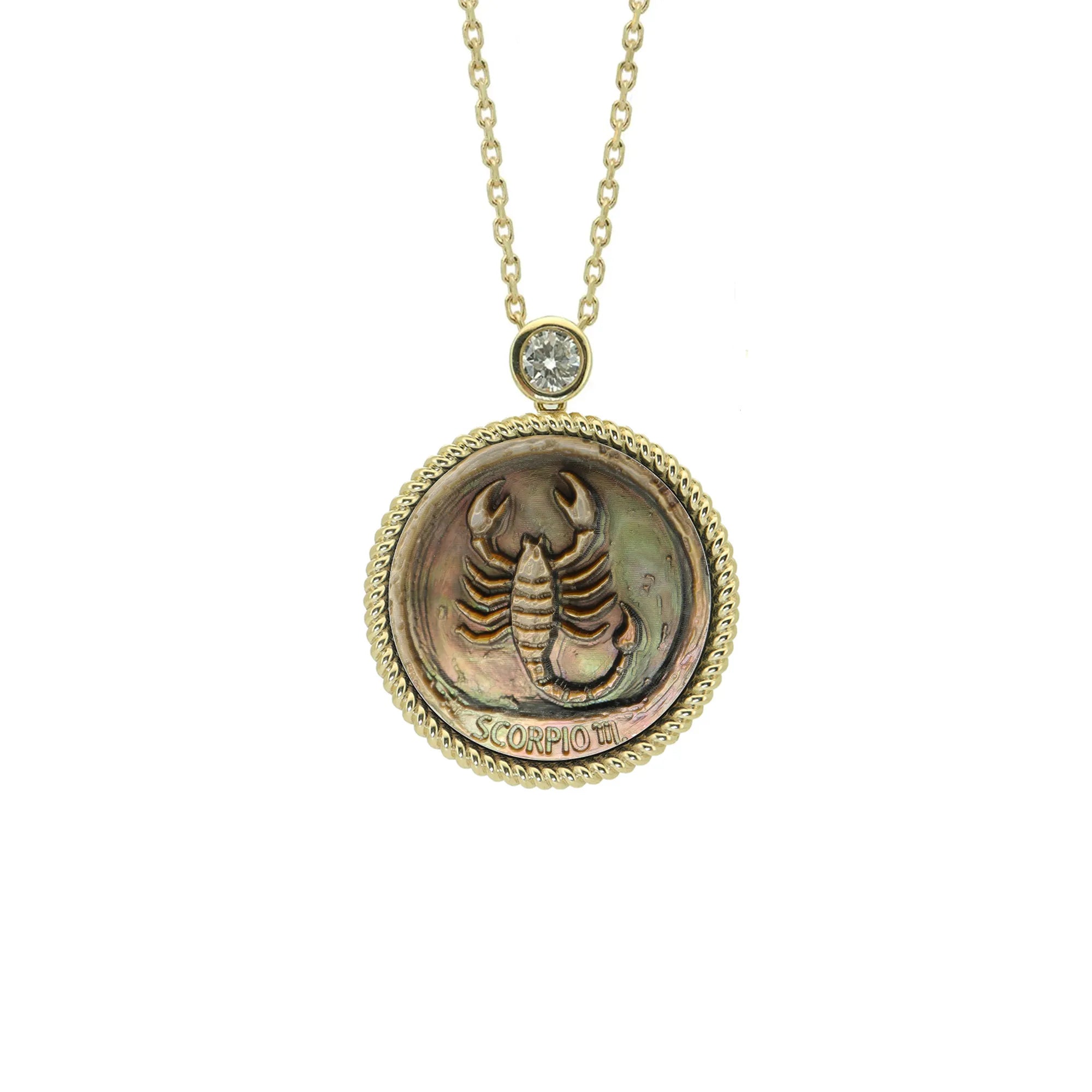 Avant-garde Scorpio zodiac necklace featuring mysterious abstract shell carving and iridescent mother-of-pearl pendant by OceanCarvingLab.