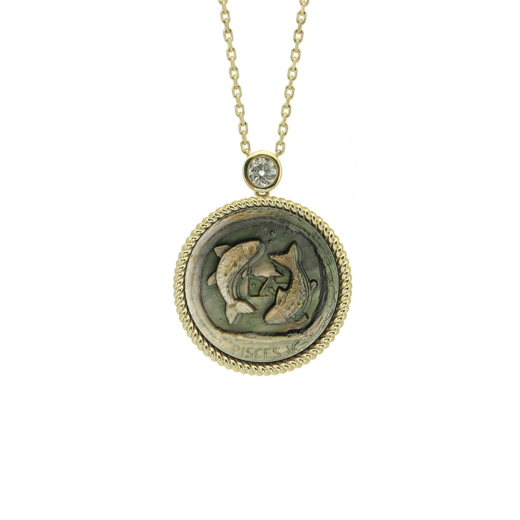 Dreamlike Pisces zodiac necklace featuring abstract artistic carving on iridescent natural mother-of-pearl pendant by OceanCarvingLab.